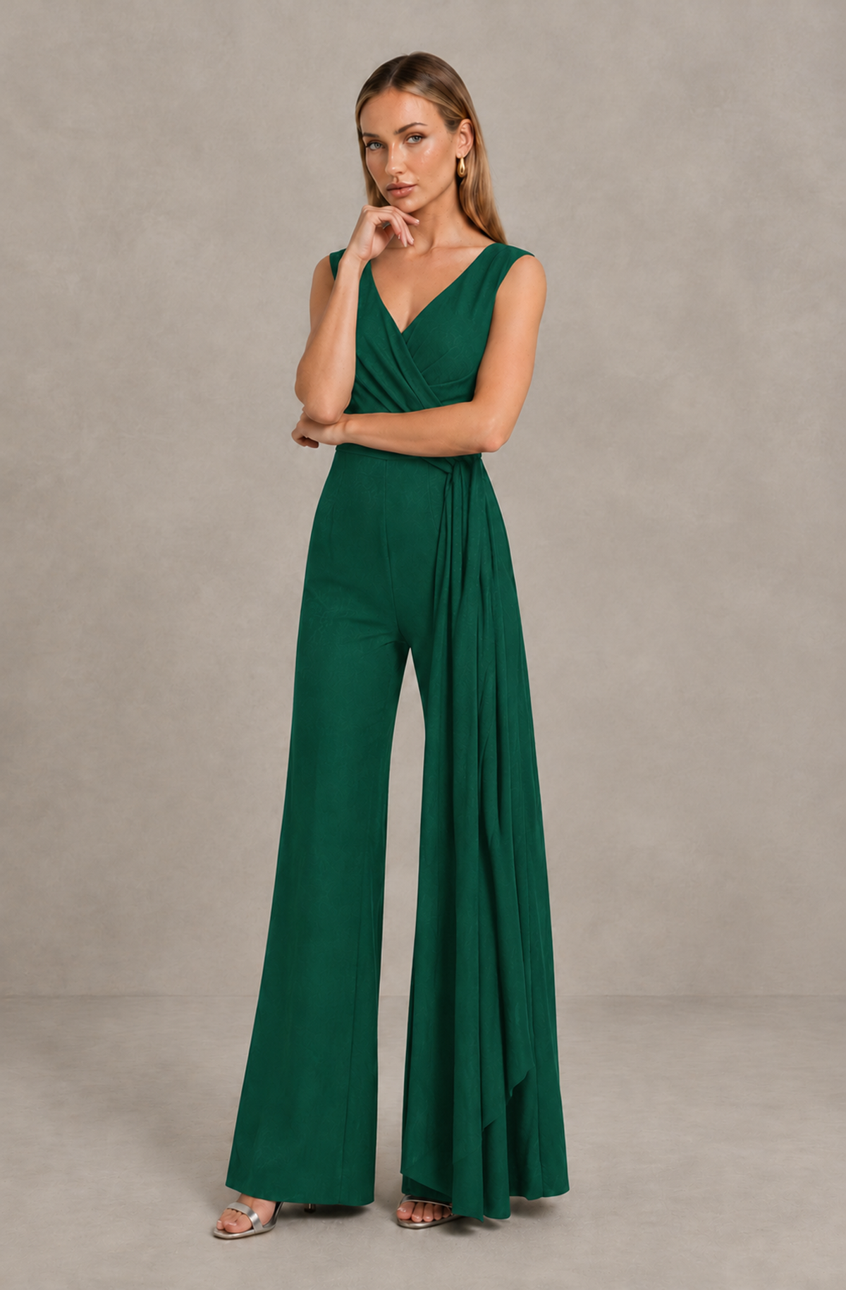 BOLODOO Teal Sleeveless V-Neck Wide-Leg Jumpsuit with Side Drape - Teal - Teal_03