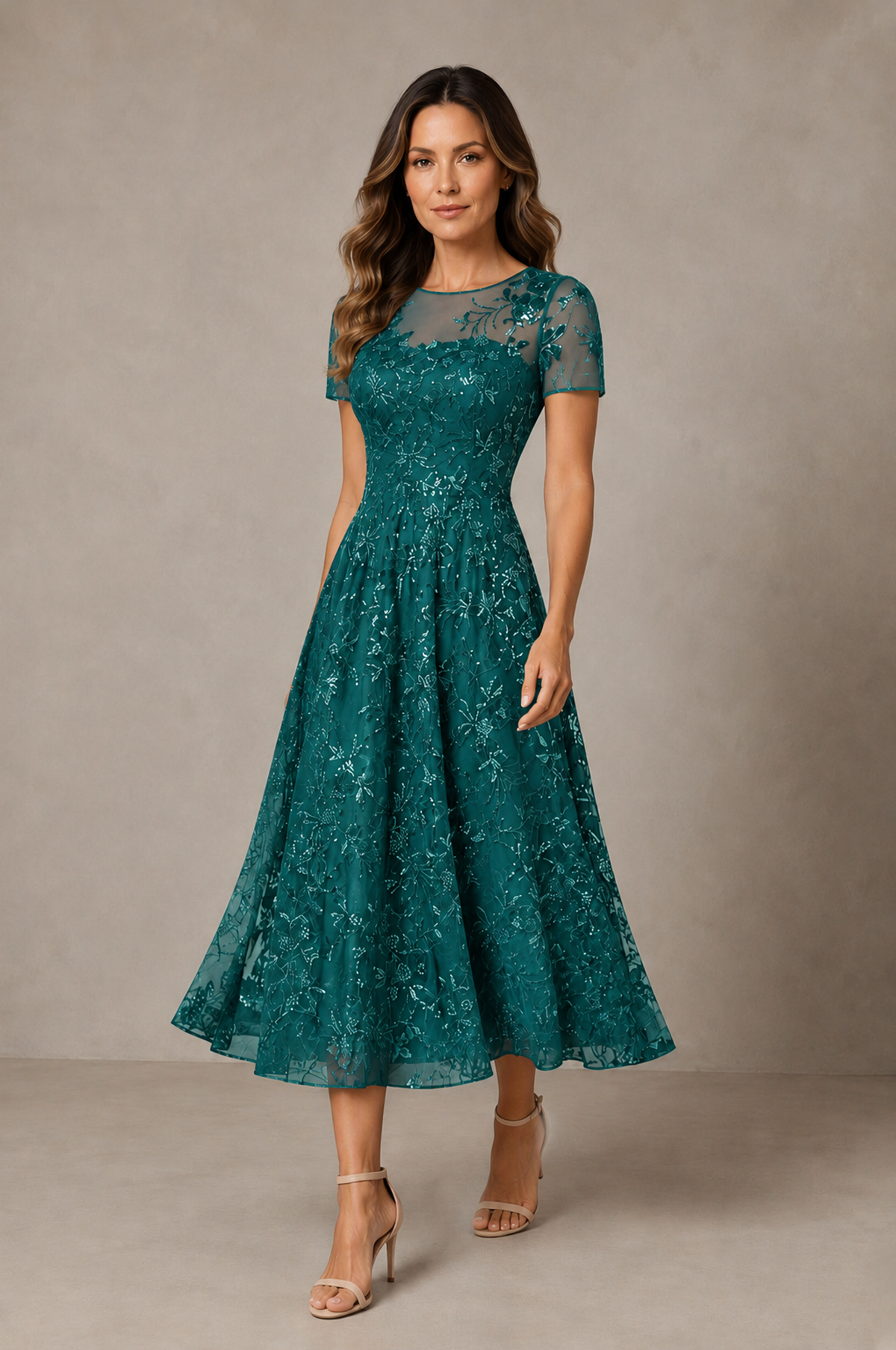 BOLODOO Teal Textured Floral A-Line Dress with Short Sleeves - Teal - Teal_03