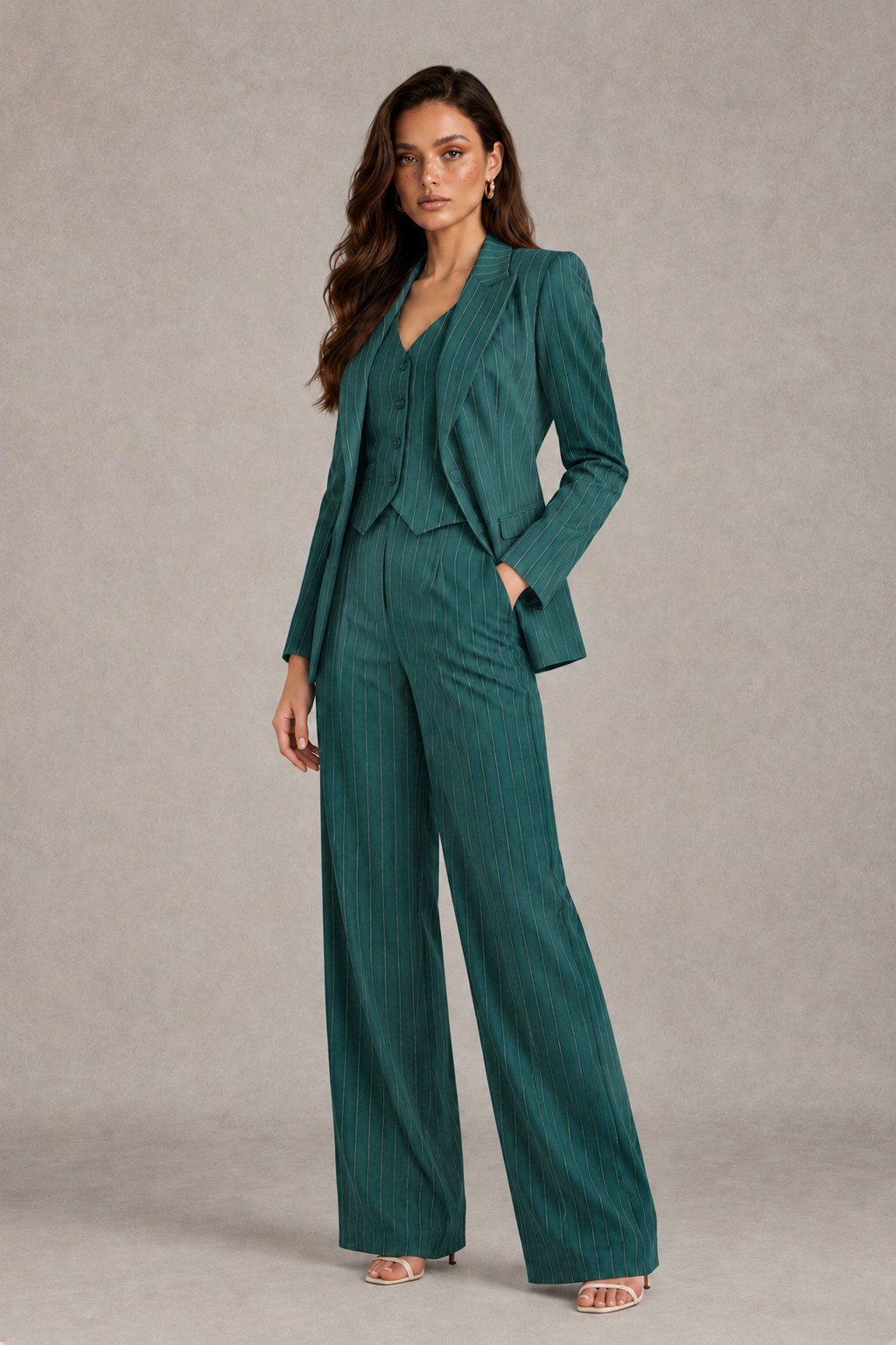 BOLODOO Women's Teal Pinstripe Three-Piece Pantsuit with Wide-Leg Trousers - Teal - Teal_03