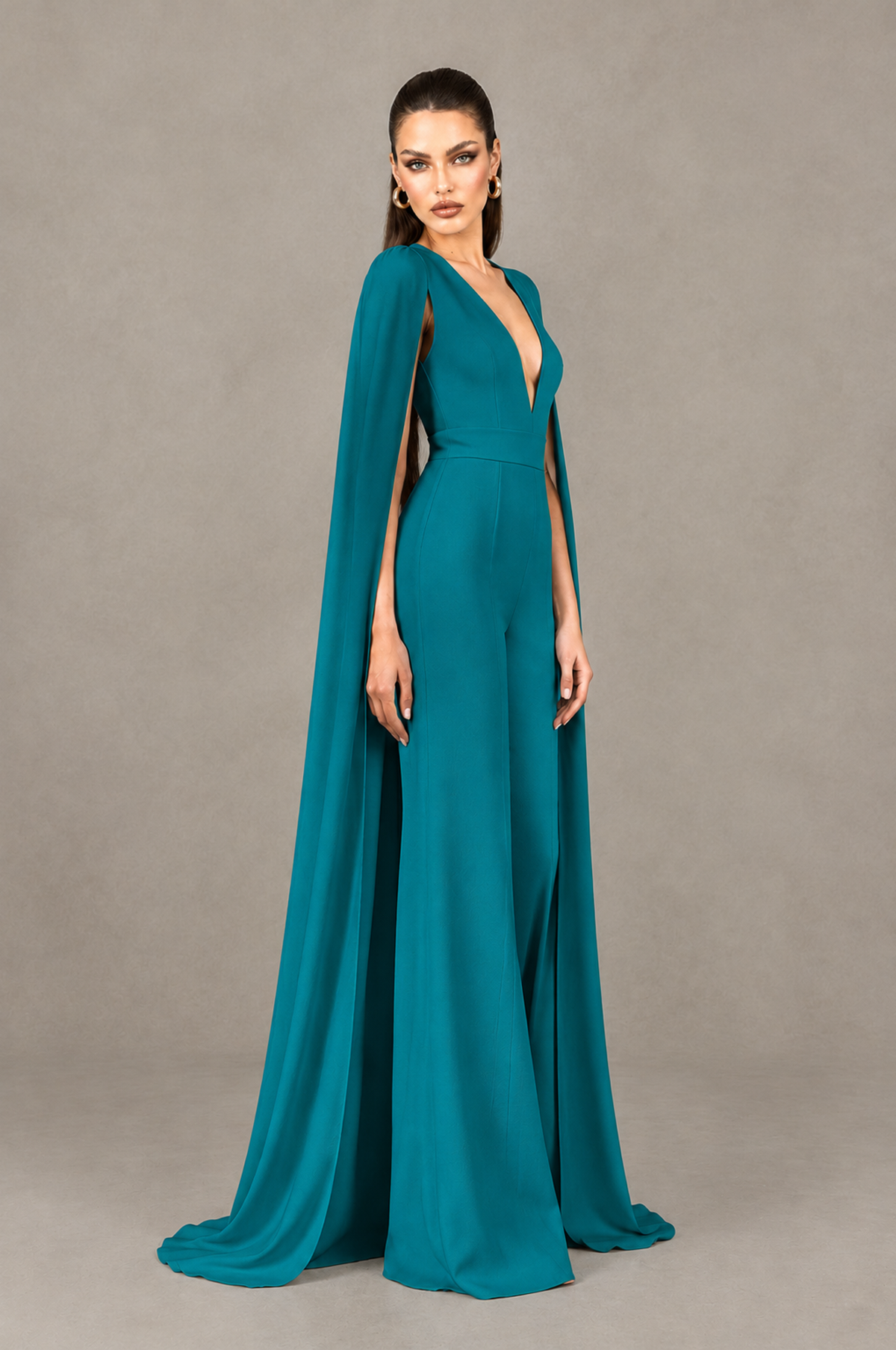 BOLODOO Teal Deep V-Neck Cape Sleeve Bridal Jumpsuit - Teal - Teal_03