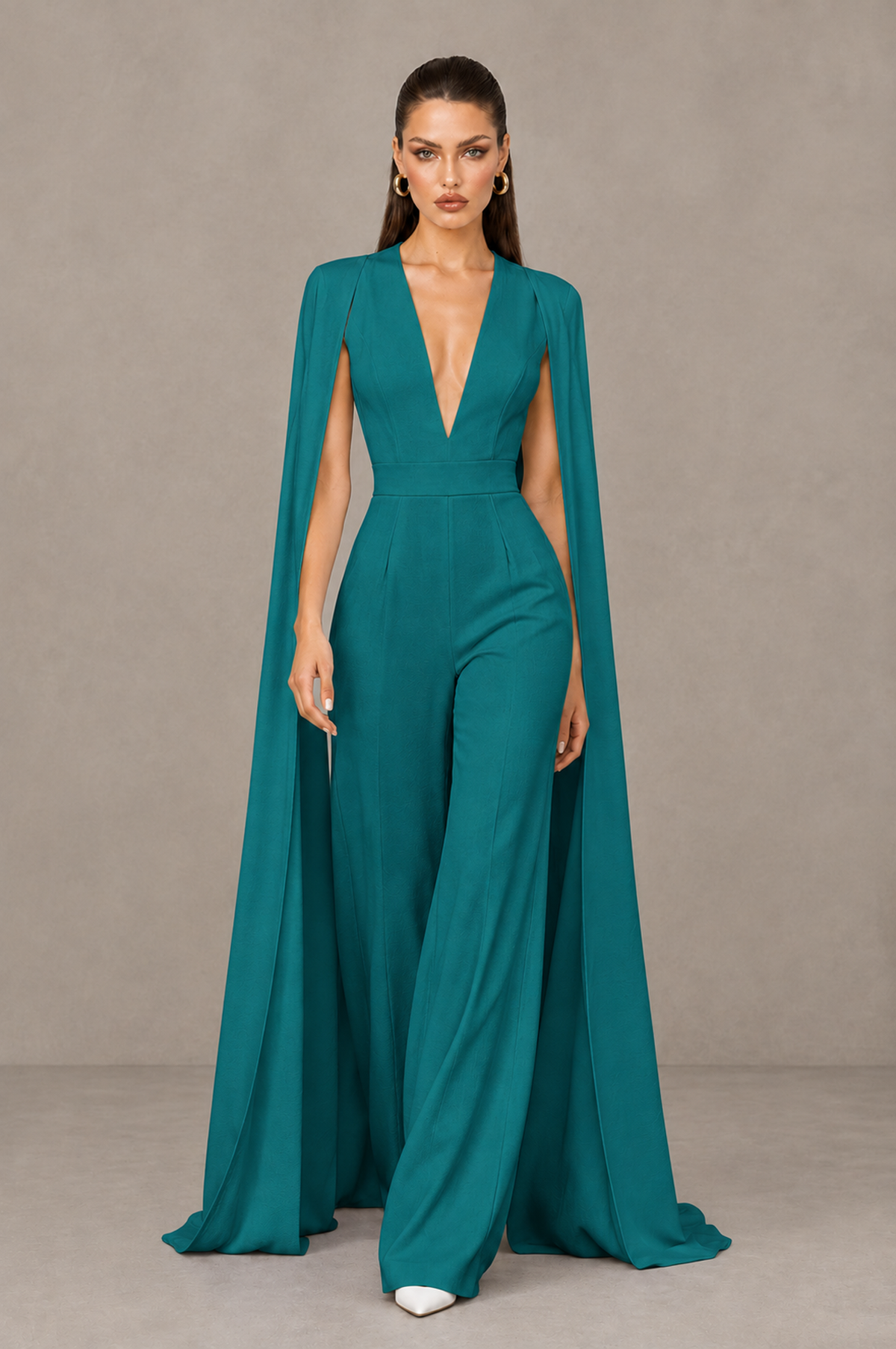 BOLODOO Teal Deep V-Neck Cape Sleeve Bridal Jumpsuit - Teal - Teal_04