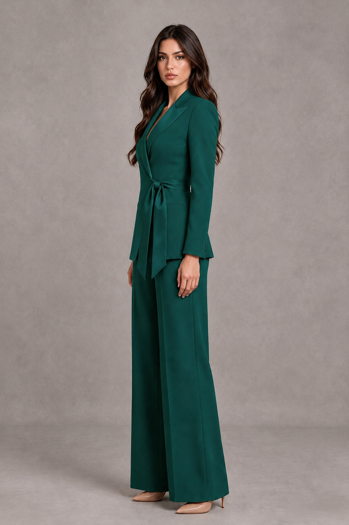 BOLODOO Teal Tie-Waist Blazer & Wide-Leg Pantsuit - Teal - Teal_04