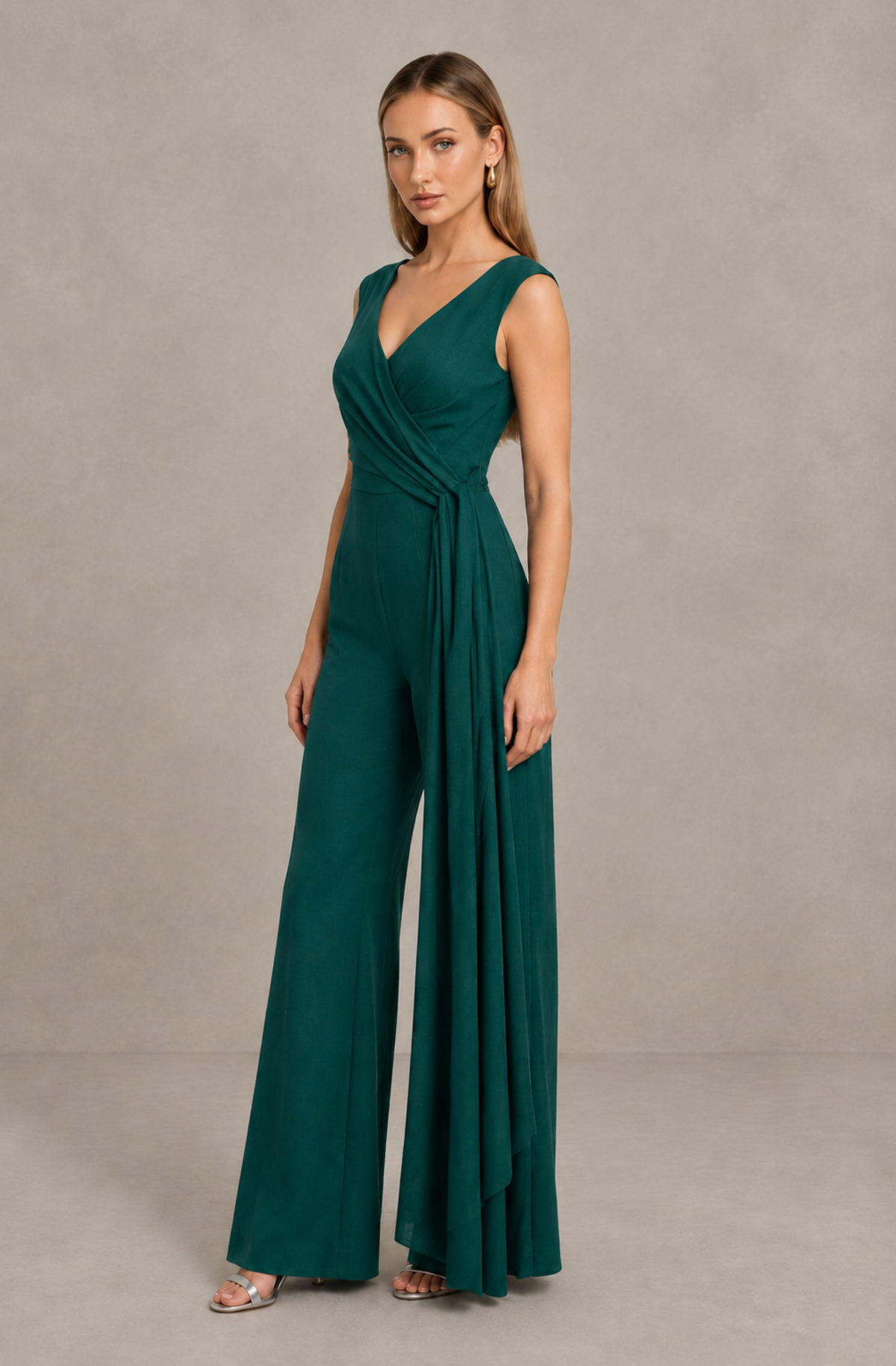 BOLODOO Teal Sleeveless V-Neck Wide-Leg Jumpsuit with Side Drape - Teal - Teal_04