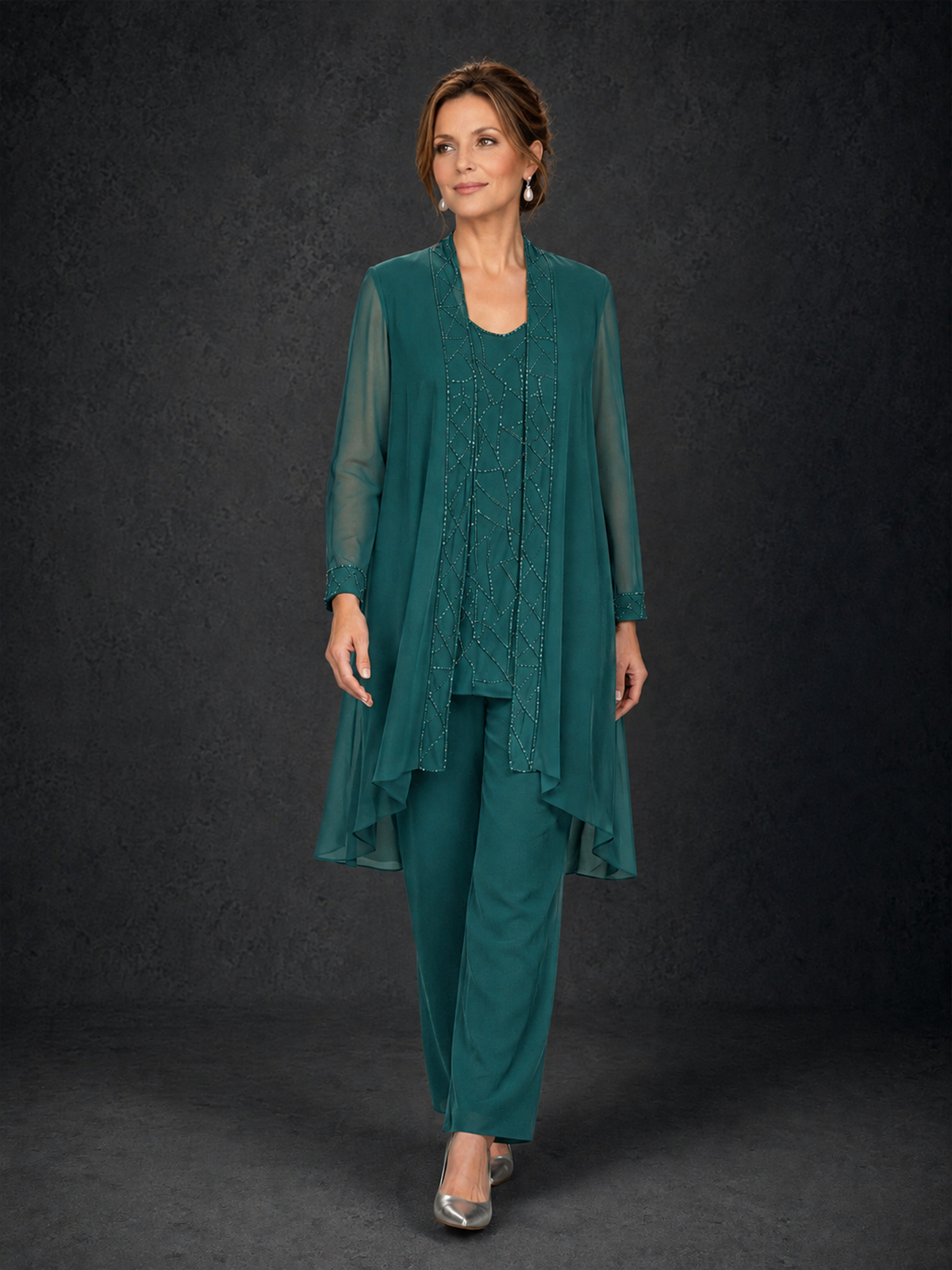 BOLODOO Teal 3-Piece Beaded Chiffon Duster Jacket Pant Suit - Teal - Teal_04
