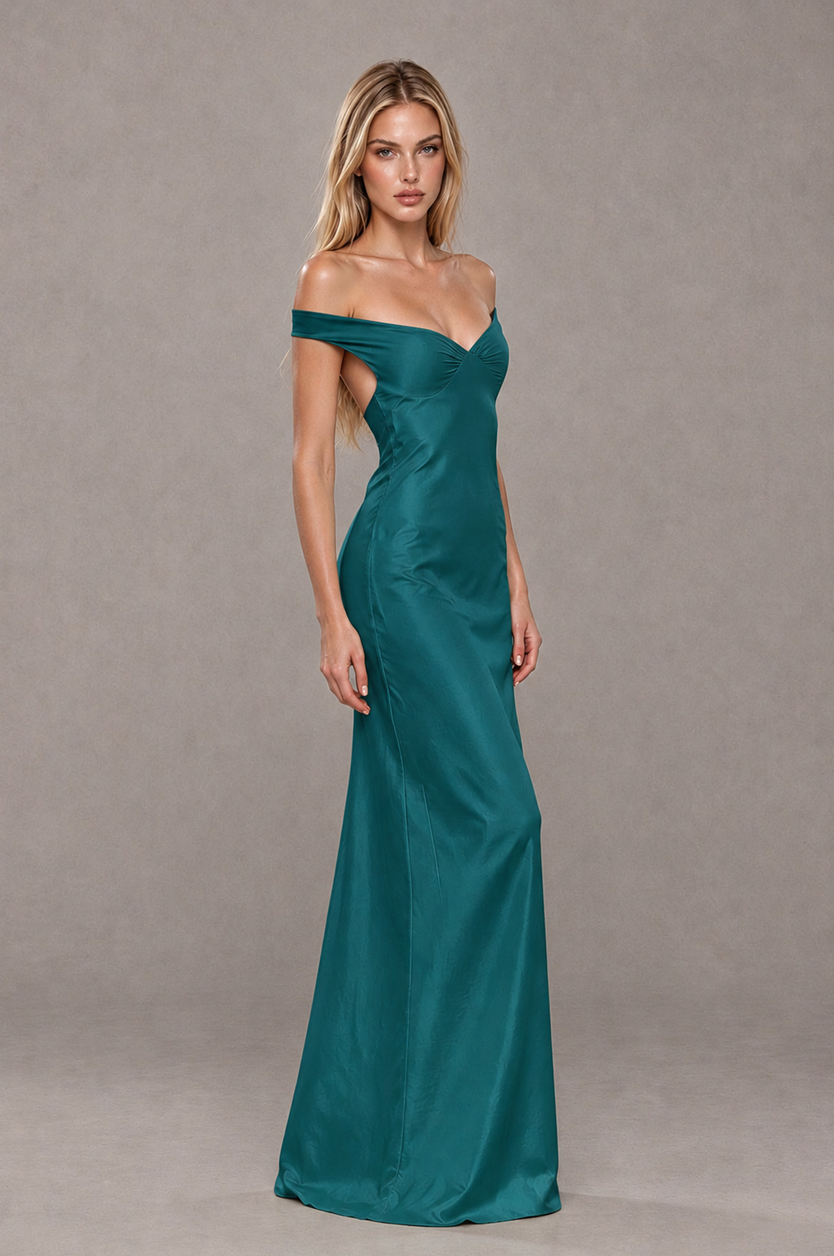 BOLODOO Teal Off-Shoulder Open-Back Satin Evening Gown - Teal - Teal_04