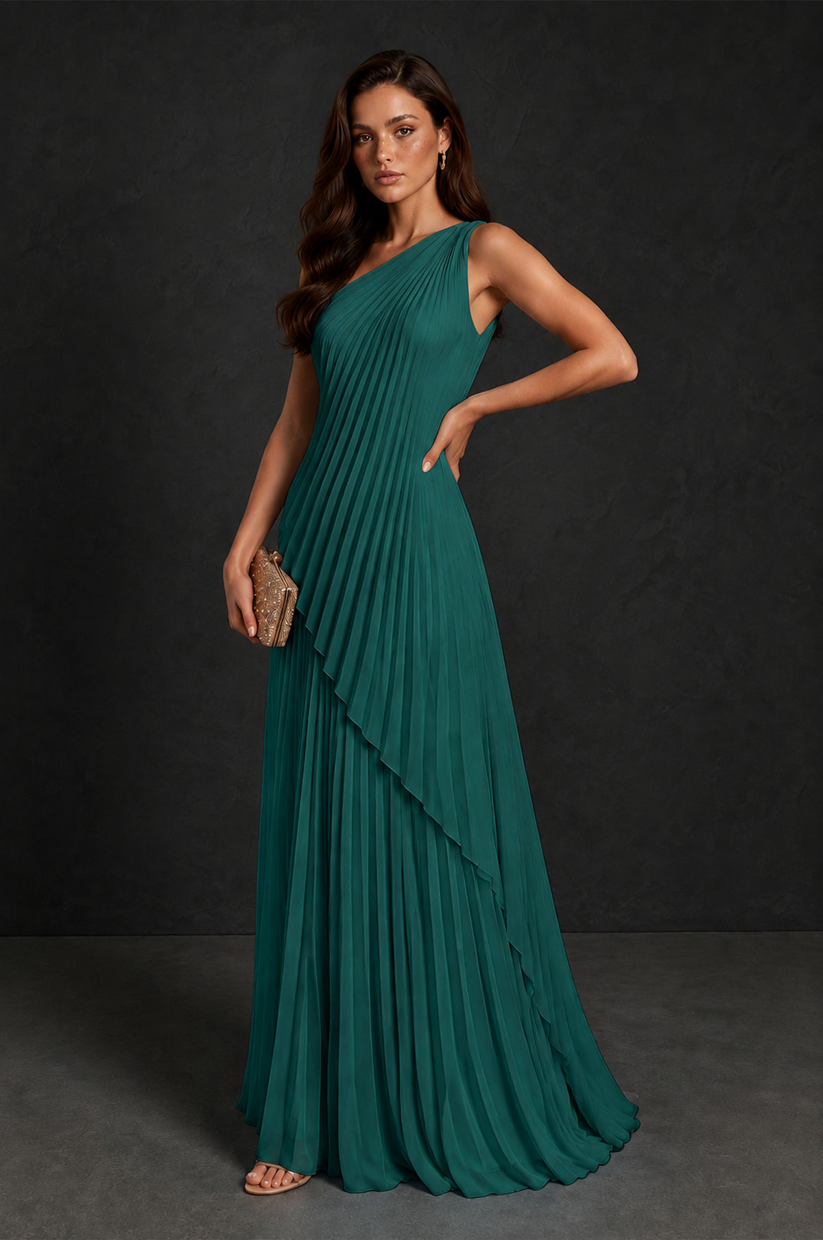 BOLODOO Teal One-Shoulder Sunburst Pleated Asymmetric Layered Overlay Accordion Pleated Chiffon Maxi Dress - Teal