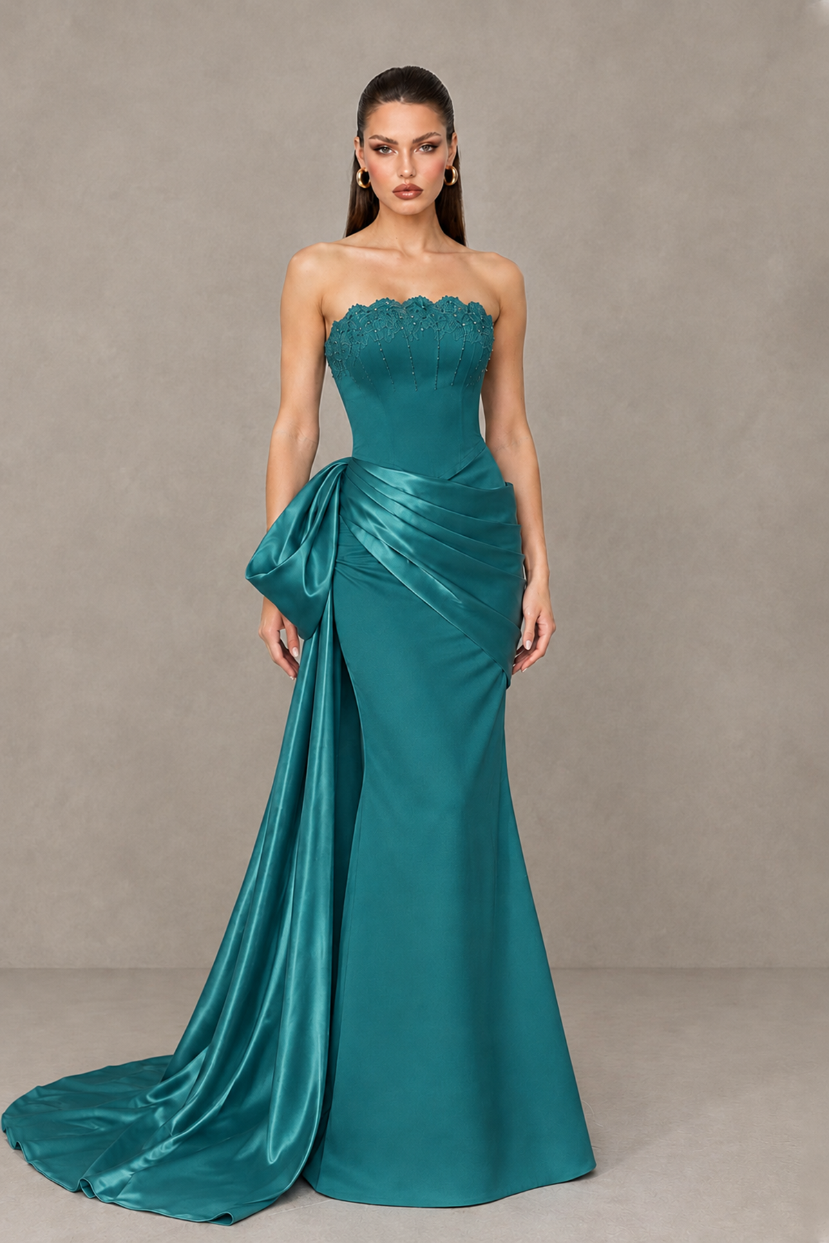 BOLODOO Teal Strapless Satin Prom Dress with Draped Side Train - Teal - Teal_1