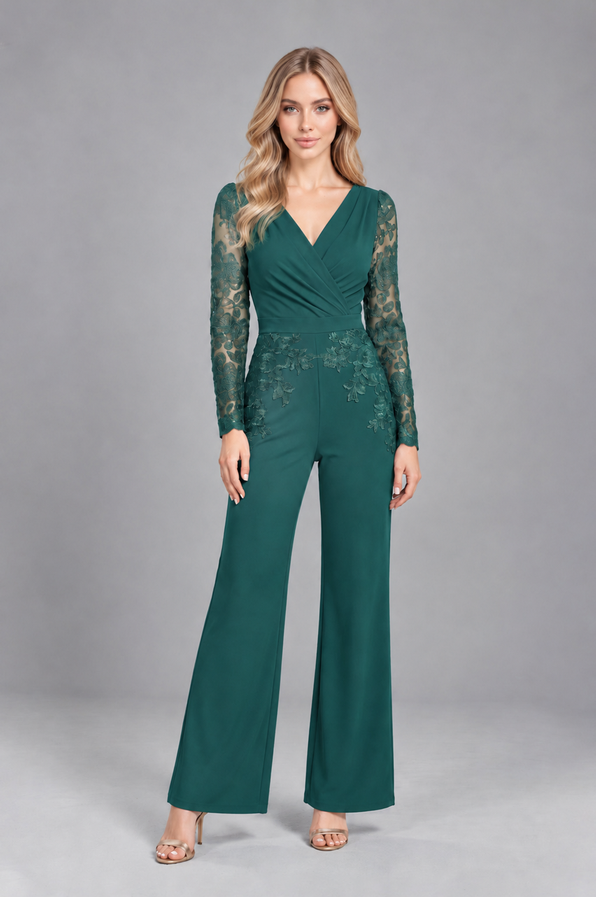 BOLODOO Teal Lace Long-Sleeve V-Neck Mother Pant Suit - Teal - Teal_1