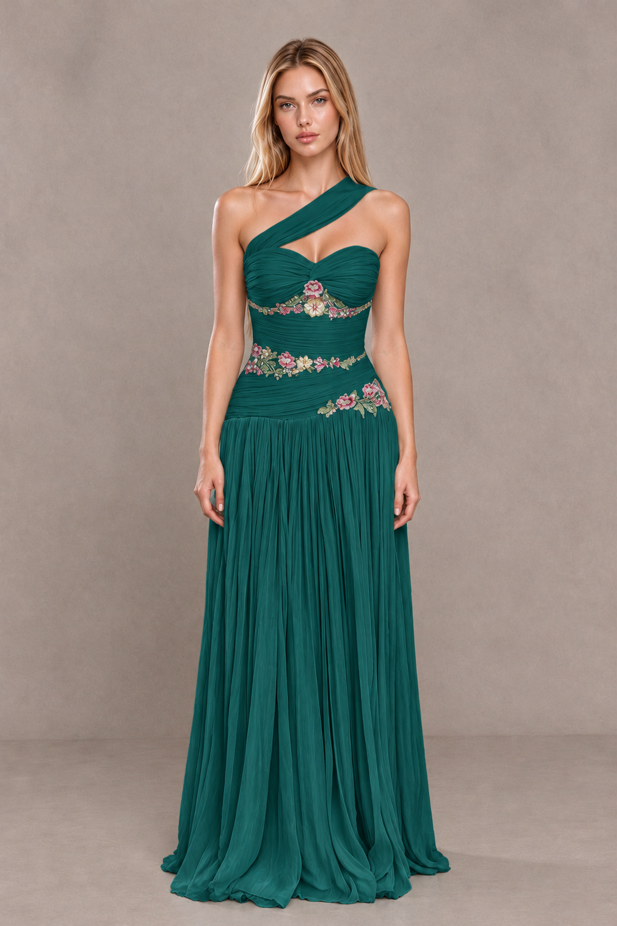 BOLODOO Teal One-Shoulder Floral Applique A-Line Evening Dress - Teal - Teal_1