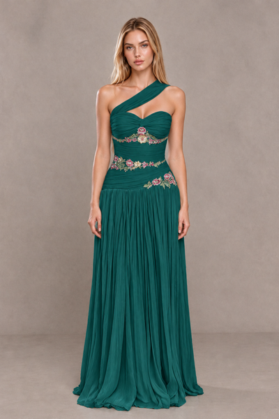 BOLODOO Teal One-Shoulder Floral Applique A-Line Evening Dress - Teal - Teal_1