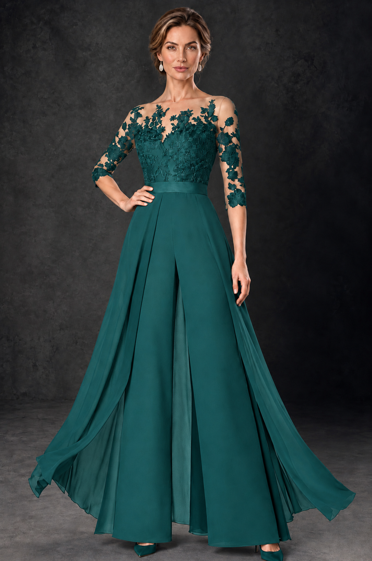 BOLODOO Teal Lace Wide-Leg Jumpsuit with Three-Quarter Sleeves - Teal - Teal_1
