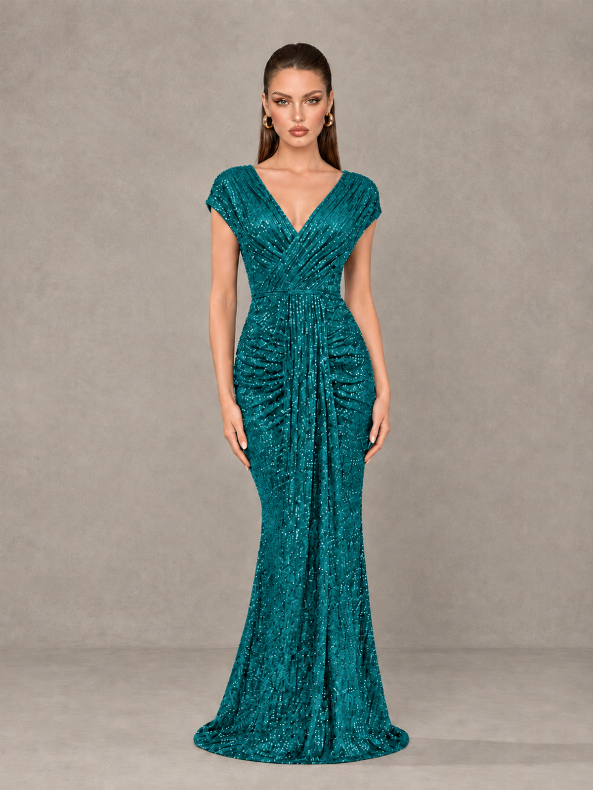 BOLODOO Teal Glitter V-Neck Cap Sleeve Ruched Mermaid Evening Gown - Teal - Teal_1