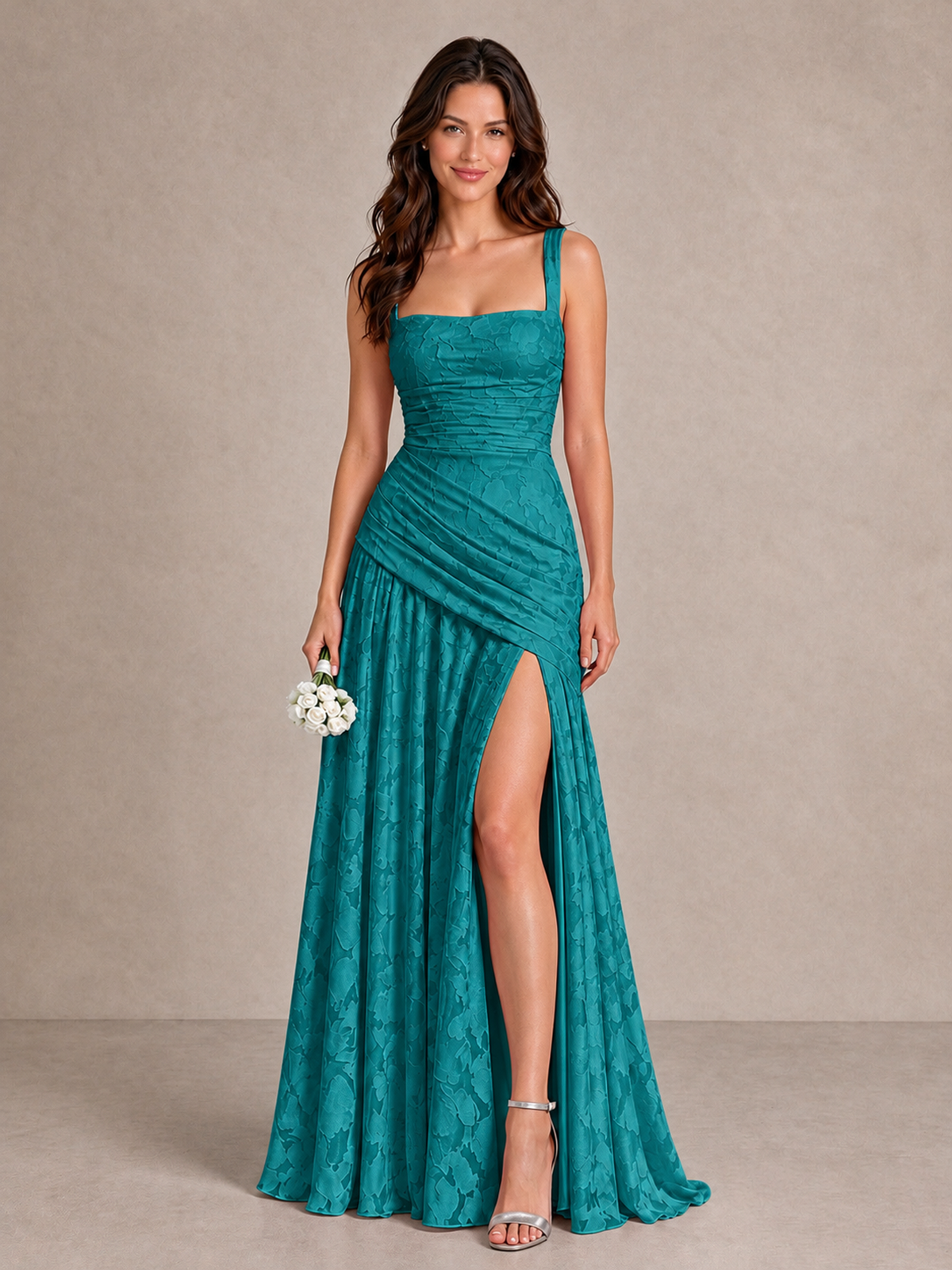 BOLODOO Teal Floral Jacquard Bridesmaid Dress with Square Neck, Lace-Up Back & High Slit - Teal - Teal_1