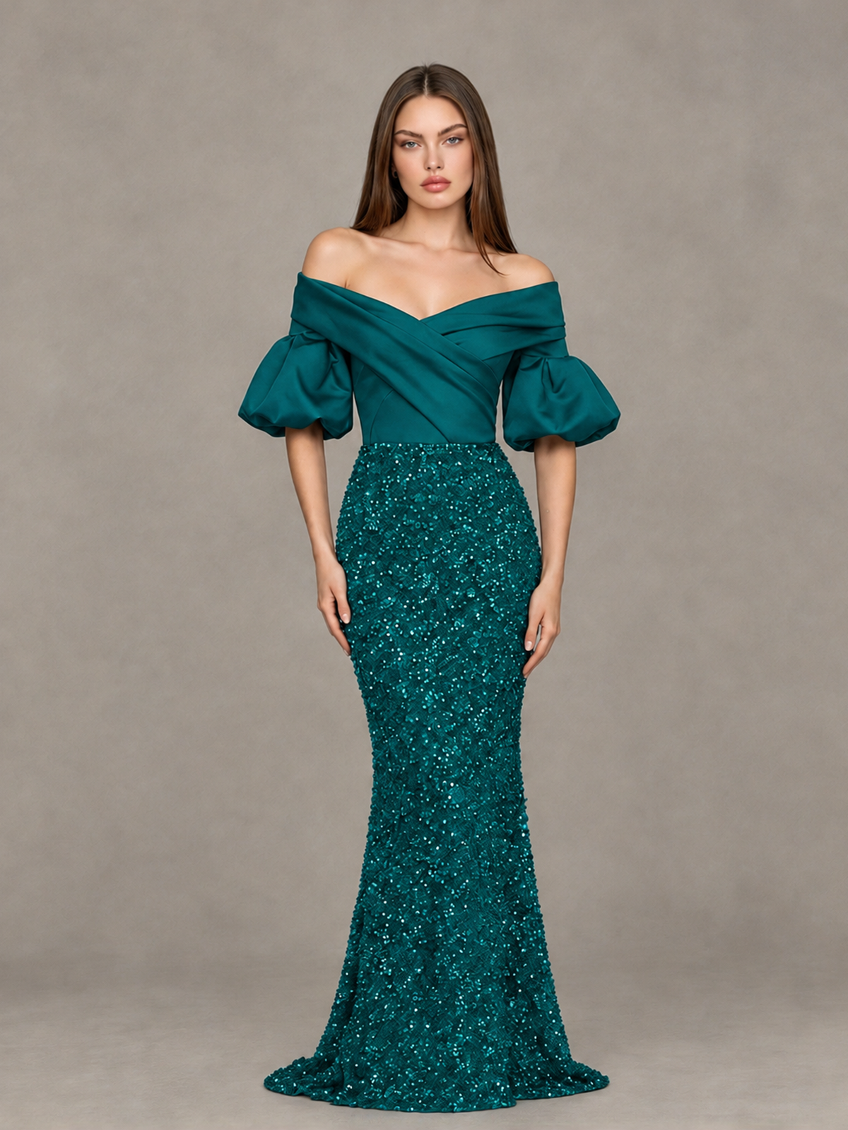 BOLODOO Teal Off-Shoulder Puff Sleeve Sequin Mermaid Evening Dress - Teal - Teal_1