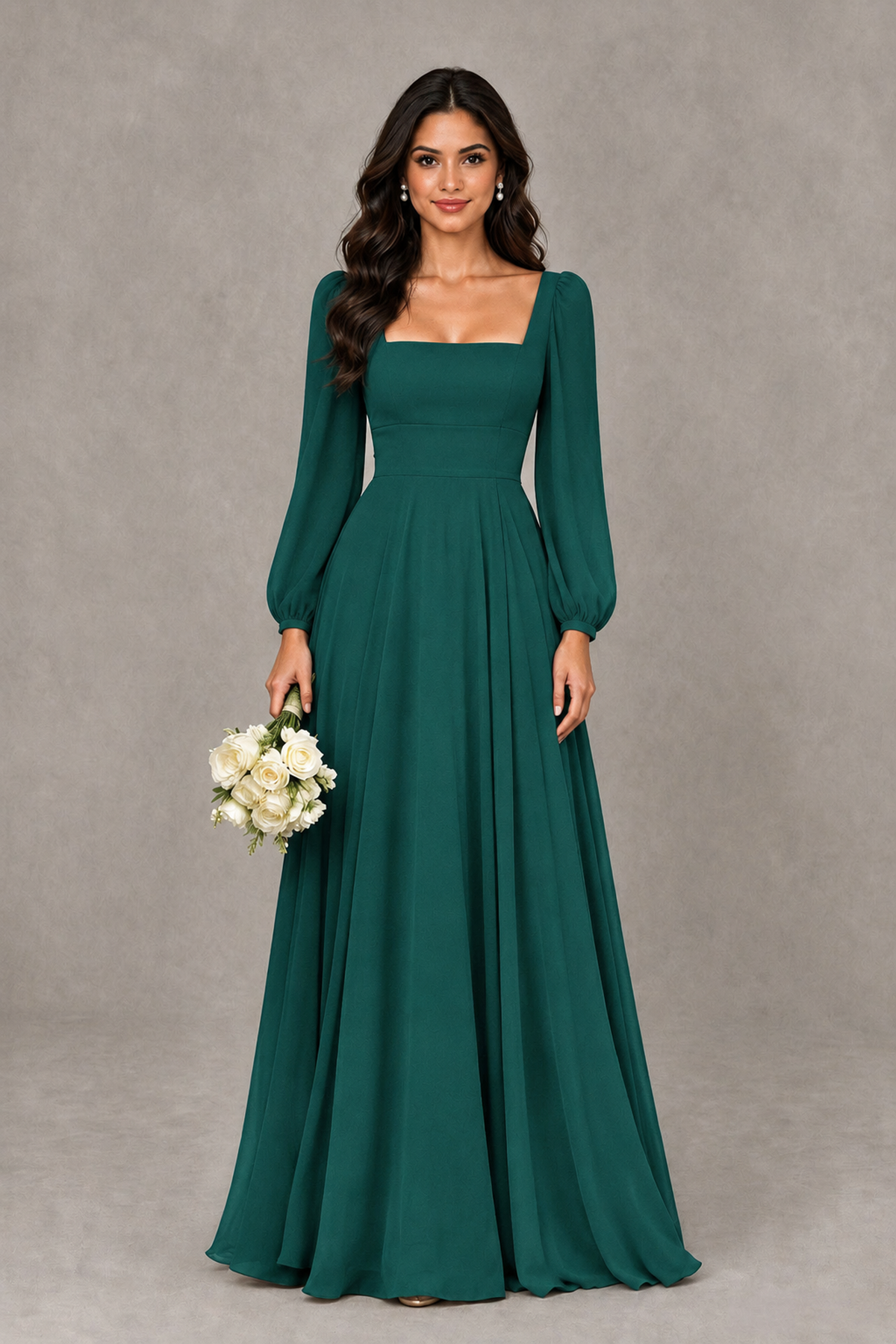 BOLODOO Teal Square Neck Long Sleeve A-Line Bridesmaid Dress - Teal - Teal_1