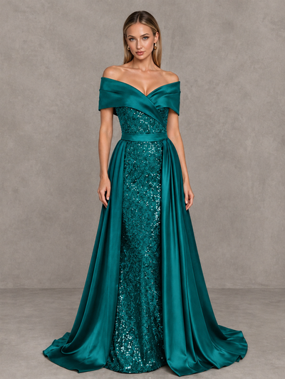 BOLODOO Teal Sequin Mermaid Evening Dress with Detachable Satin Overskirt and Sweep Train - Teal - Teal_1