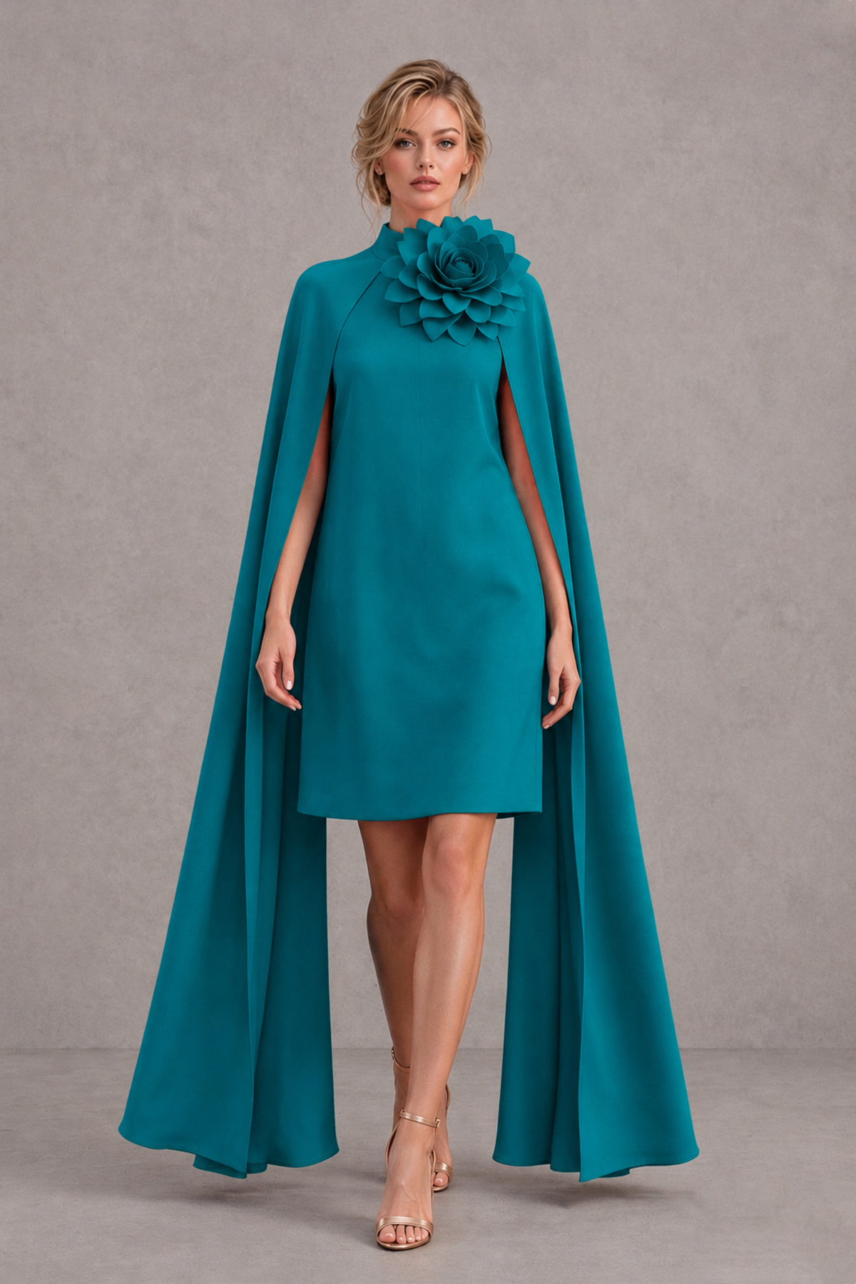 BOLODOO Teal High Neck Floral Cape Mini Cocktail Dress - Teal - Teal_1