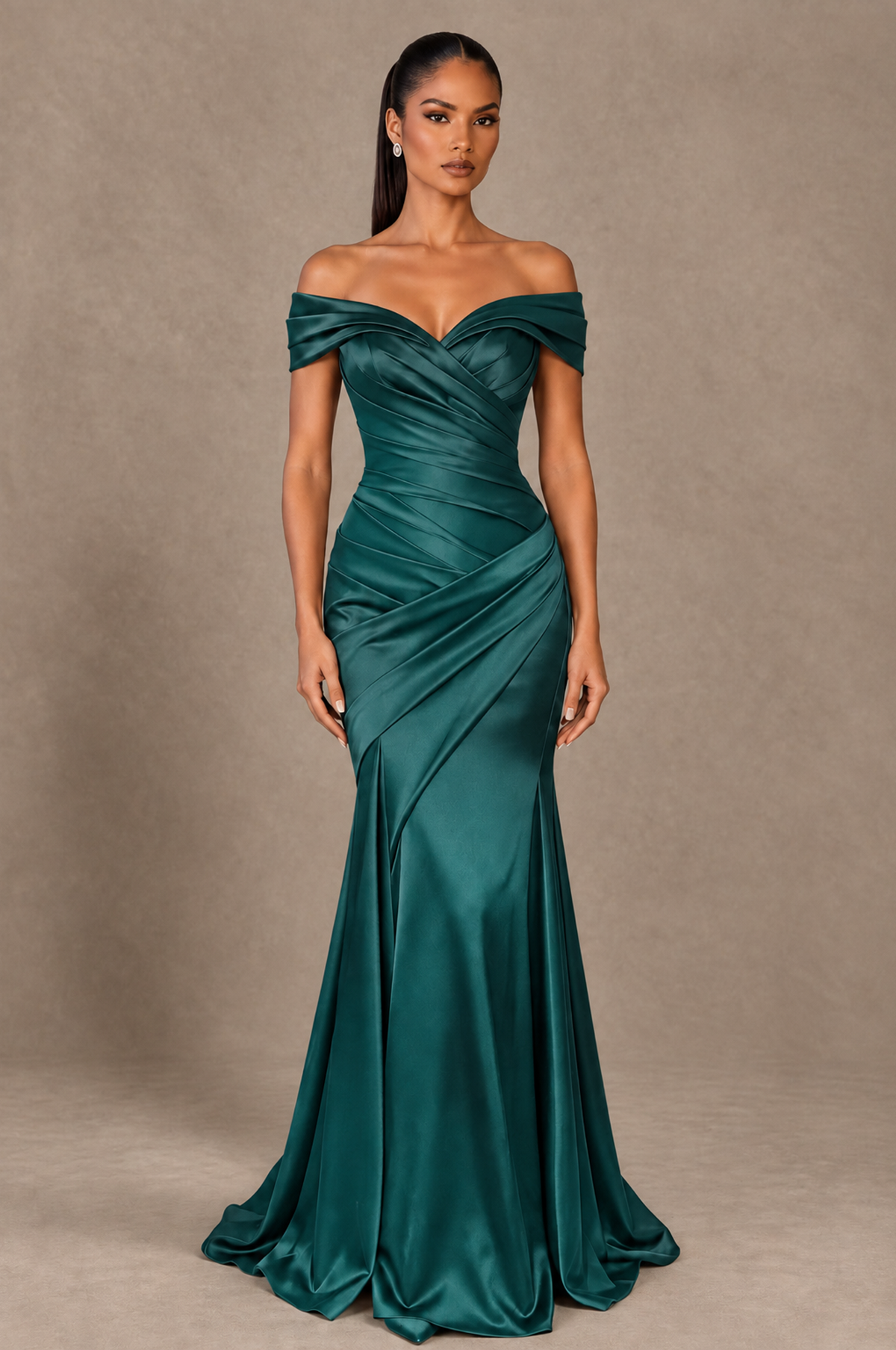 BOLODOO Teal Off-the-Shoulder Ruched Satin Mermaid Evening Dress - Teal - Teal_1