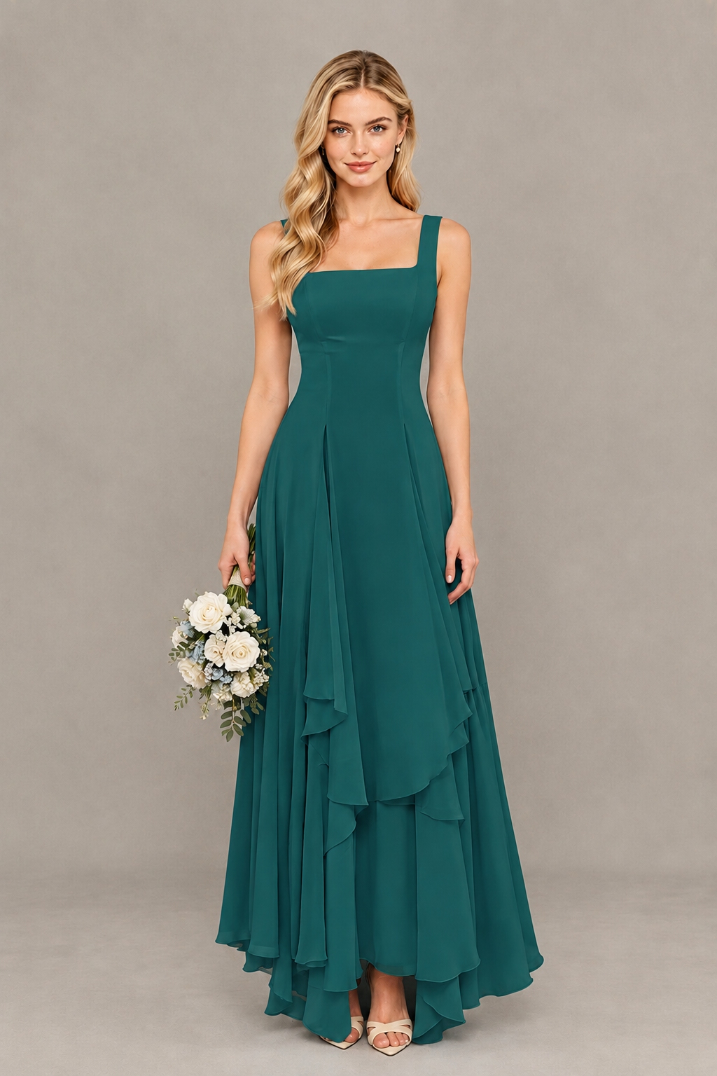BOLODOO Teal Square Neck Chiffon Bridesmaid Dress with Lace-Up Back - Teal
