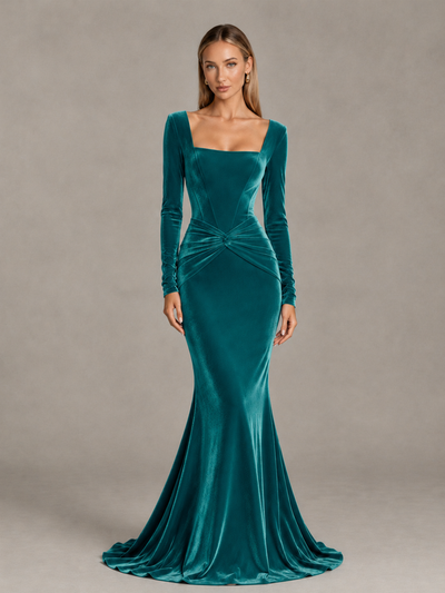 BOLODOO Teal Velvet-Look Square Neck Long Sleeve Mermaid Evening Dress - Teal - Teal_1