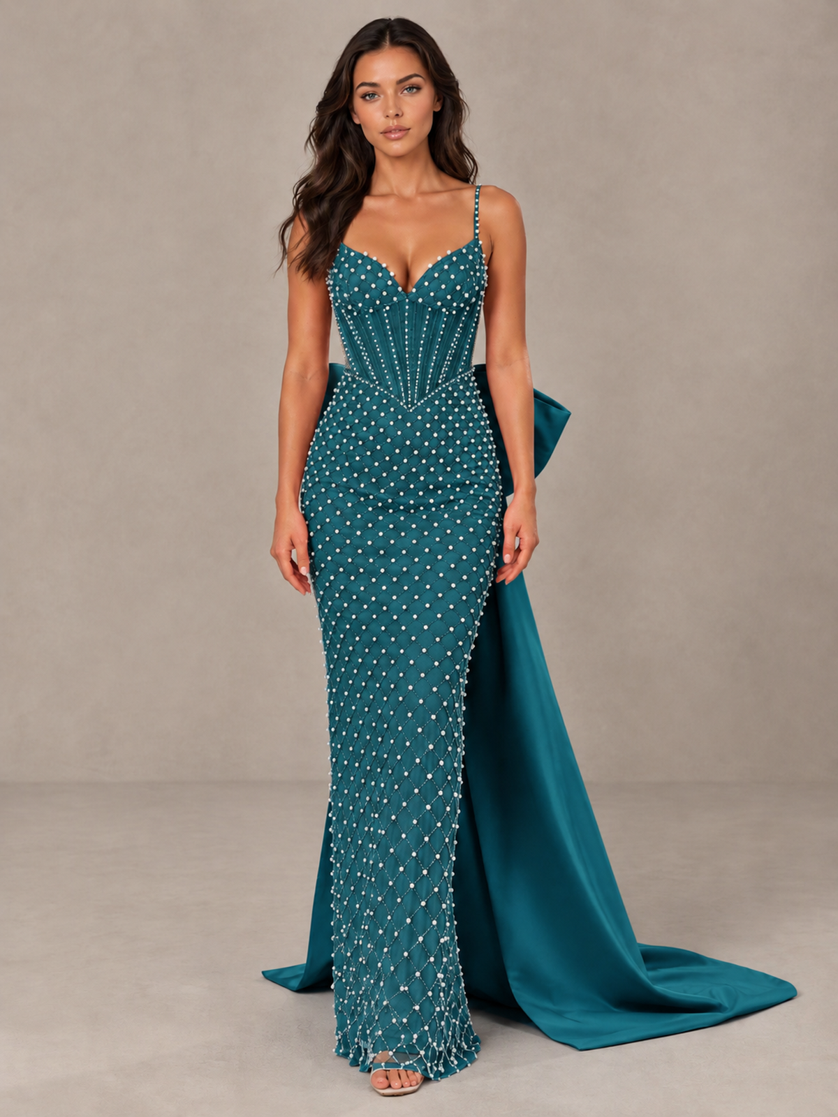 BOLODOO Teal Beaded Corset Prom Dress with Bow Train - Teal - Teal_1