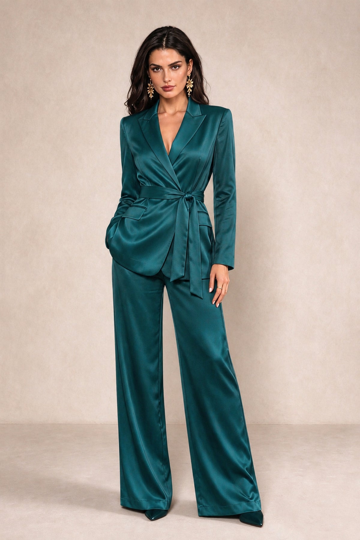BOLODOO Teal Satin Wrap Blazer Wide-Leg Pants Two-Piece Suit Set – Evening Gala Wedding Guest - Teal - Teal_1