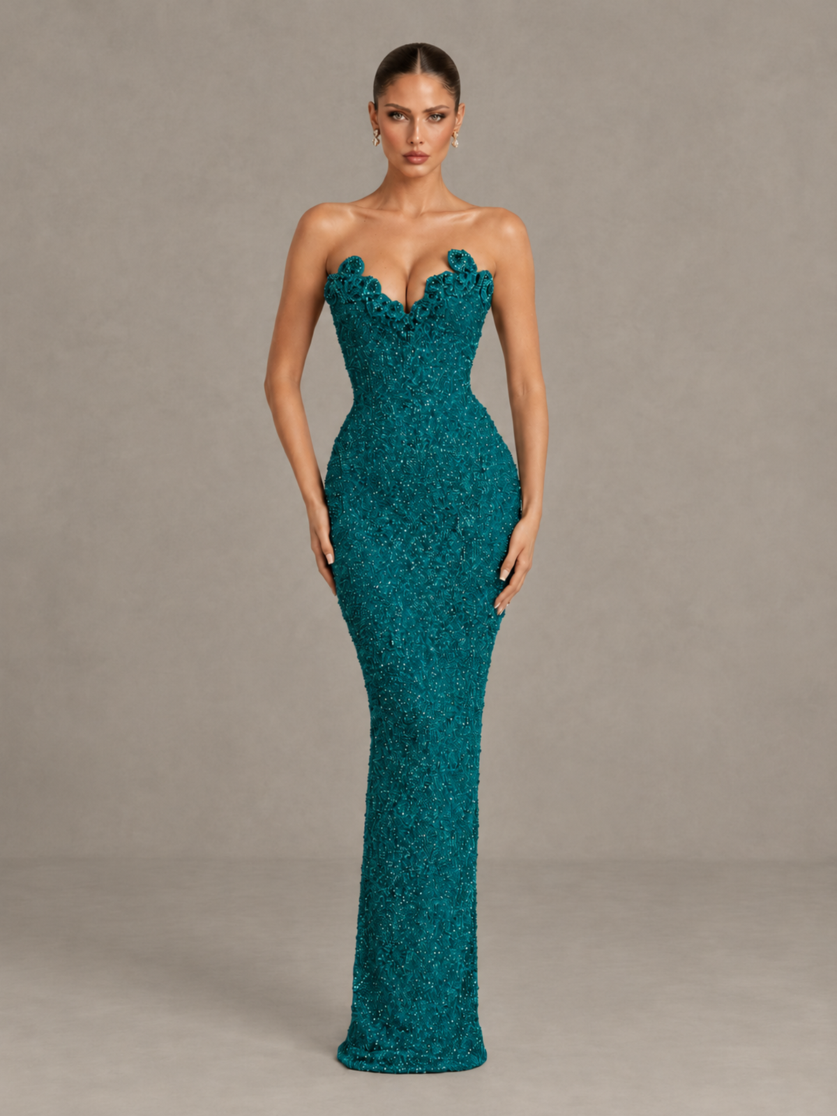BOLODOO Teal Strapless Sequin Evening Gown with Floral Neckline - Teal - Teal_1