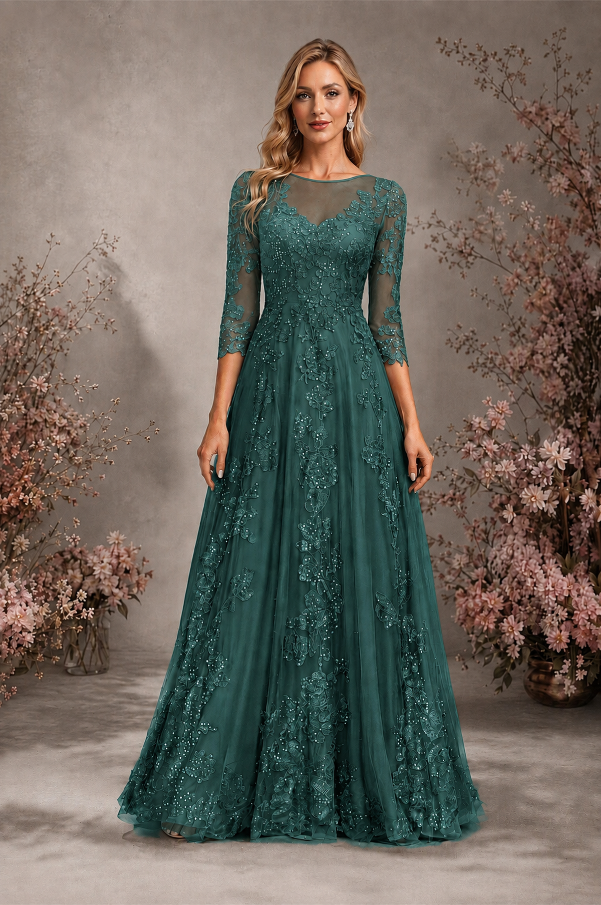 BOLODOO Teal Sequin Lace 3/4 Sleeve Open Back Formal Evening Gown - Teal