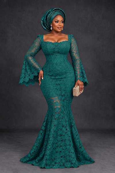 BOLODOO Teal African Lace Mermaid Dress, Plus Size Nigerian Wedding Guest Gown with Bell Sleeves - Teal - Teal_1