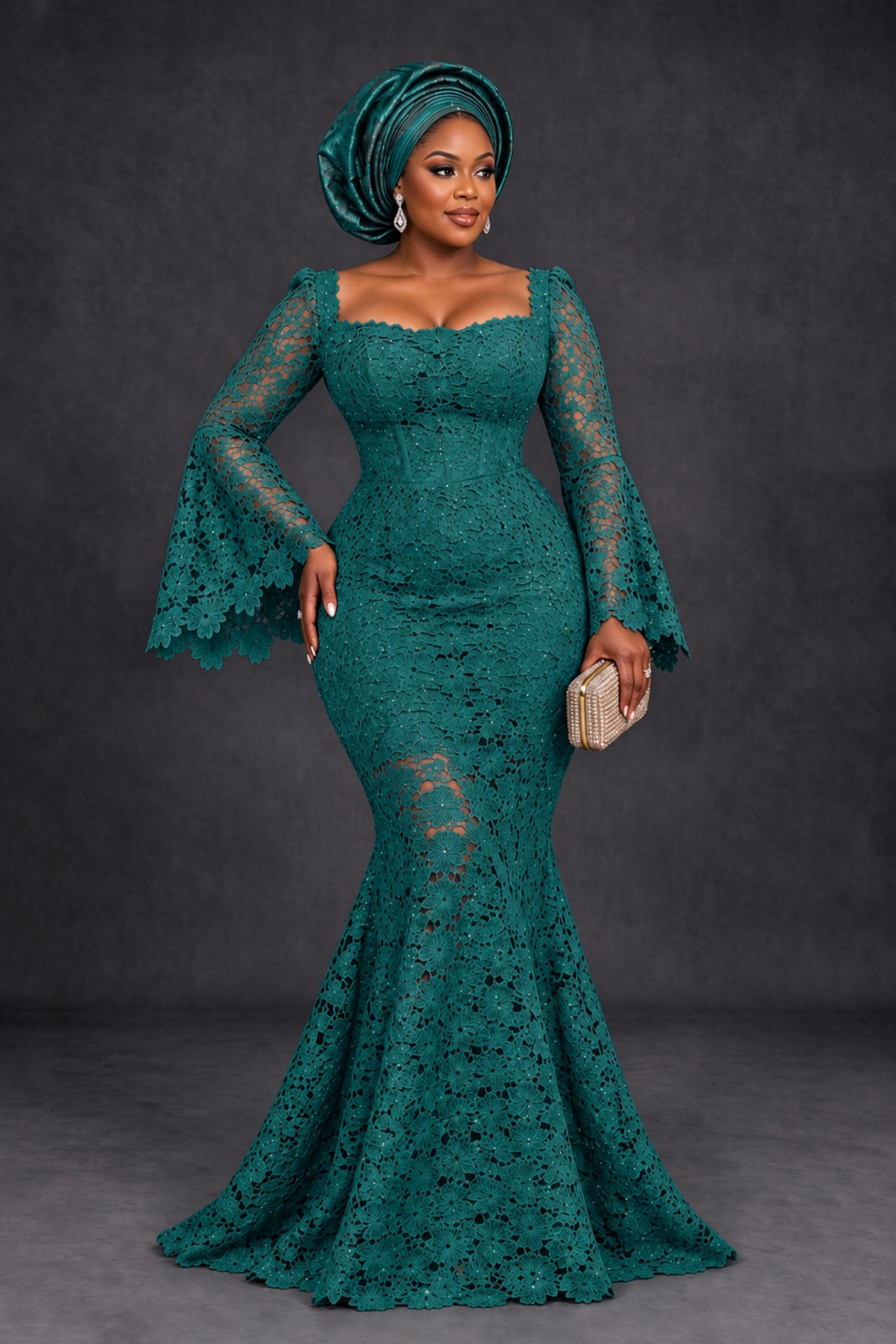 BOLODOO Teal African Lace Mermaid Dress, Plus Size Nigerian Wedding Guest Gown with Bell Sleeves - Teal - Teal_1