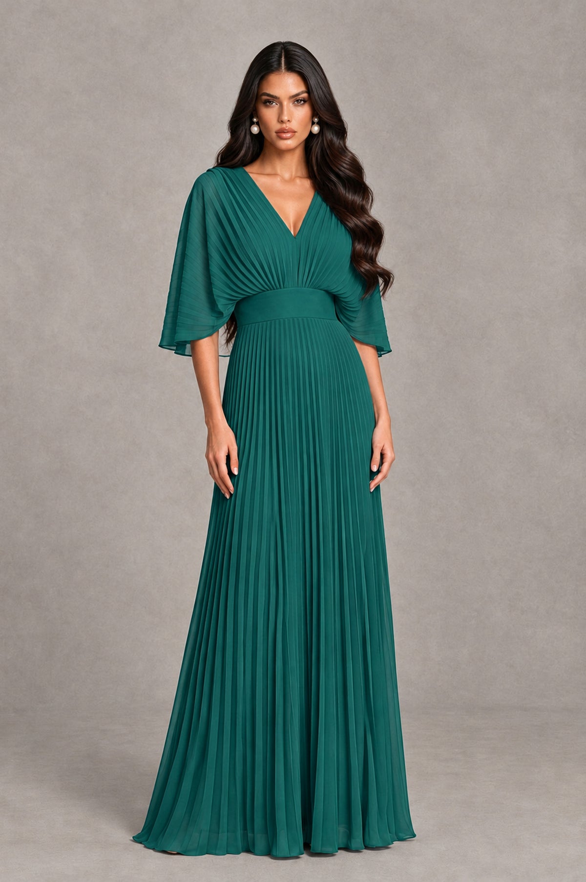 BOLODOO Teal V-Neck Pleated Flutter Sleeve Formal Dress - Teal - Teal_1