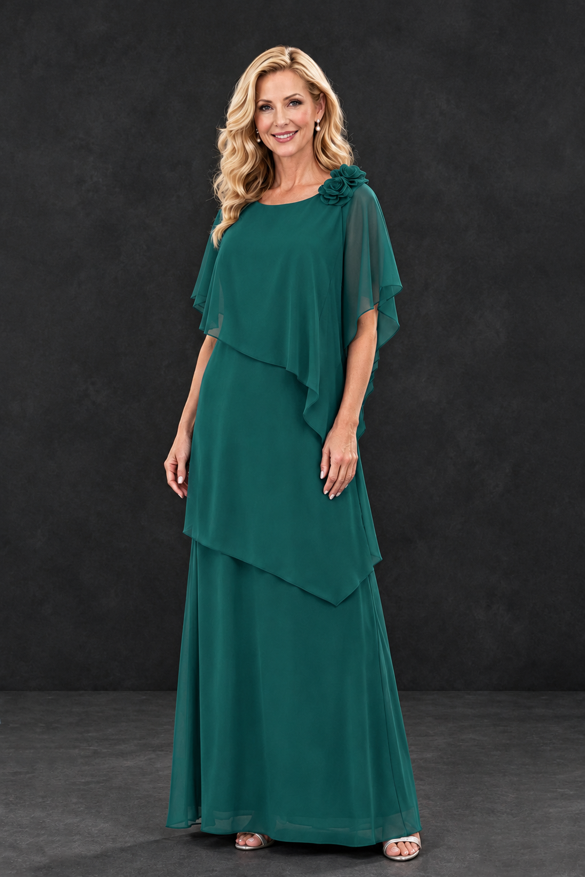 BOLODOO Teal Tiered Flutter Sleeve Mother of the Bride Maxi Dress - Teal - Teal_1