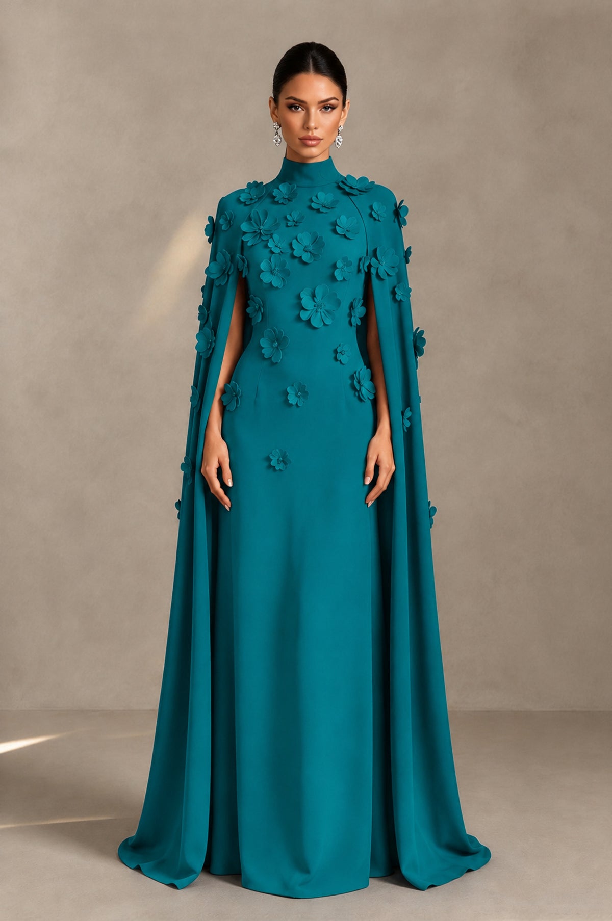 BOLODOO Teal 3D Floral Applique Cape Formal Dress - Teal - Teal_1