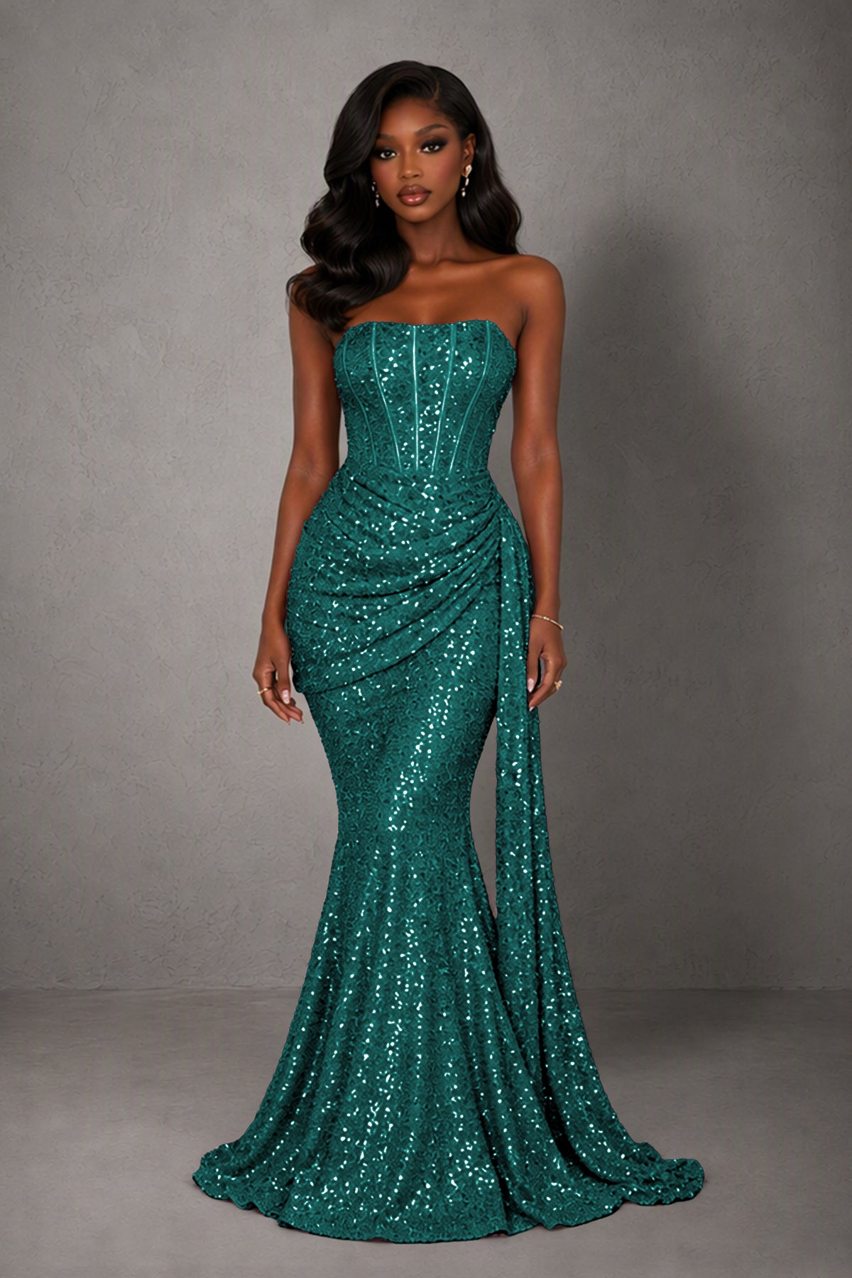 BOLODOO Teal Sequin Strapless Corset Mermaid Evening Gown with Train - Teal
