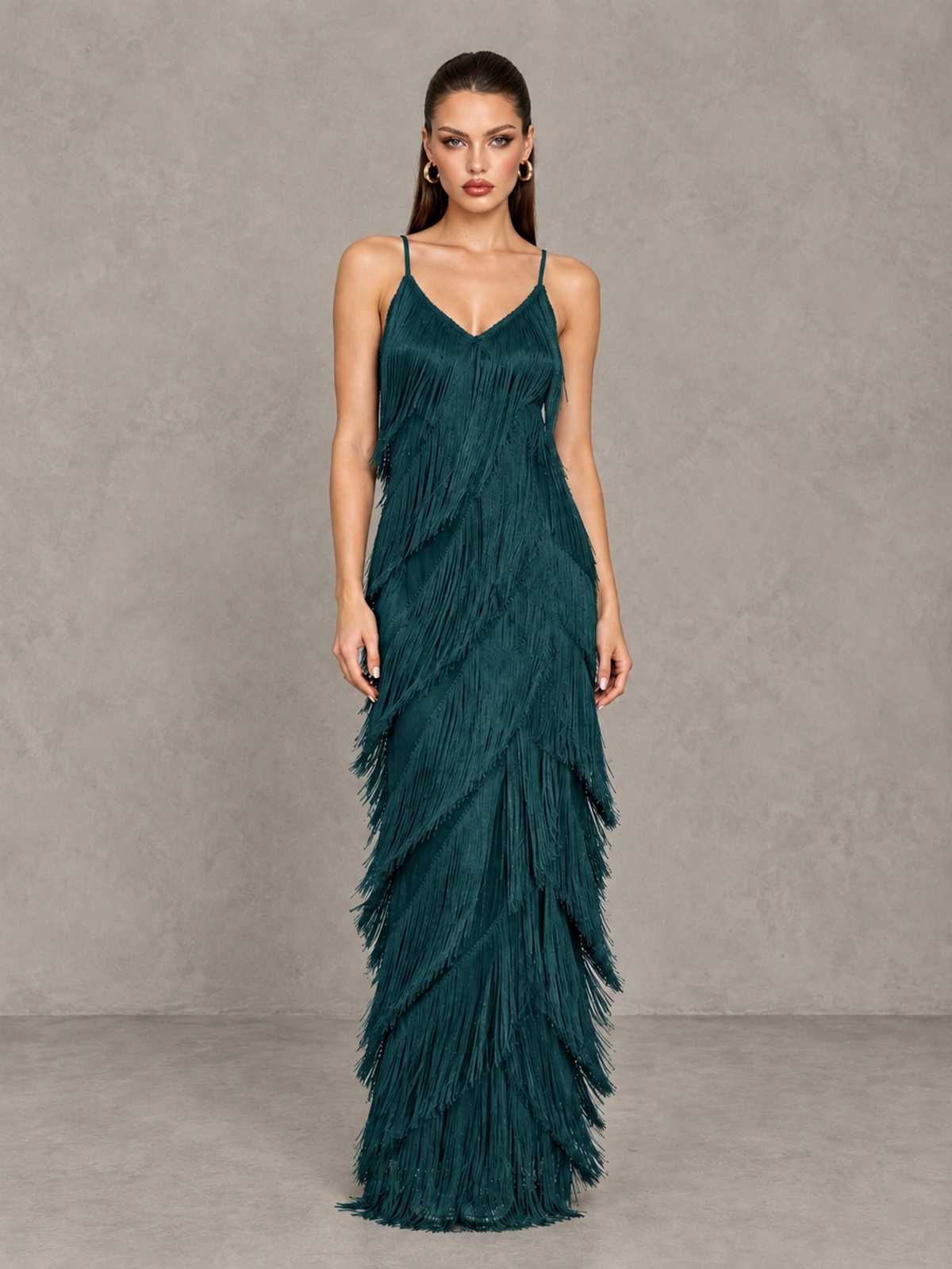 BOLODOO Teal V-Neck Spaghetti Strap Fringe Maxi Evening Dress - Teal - Teal_1