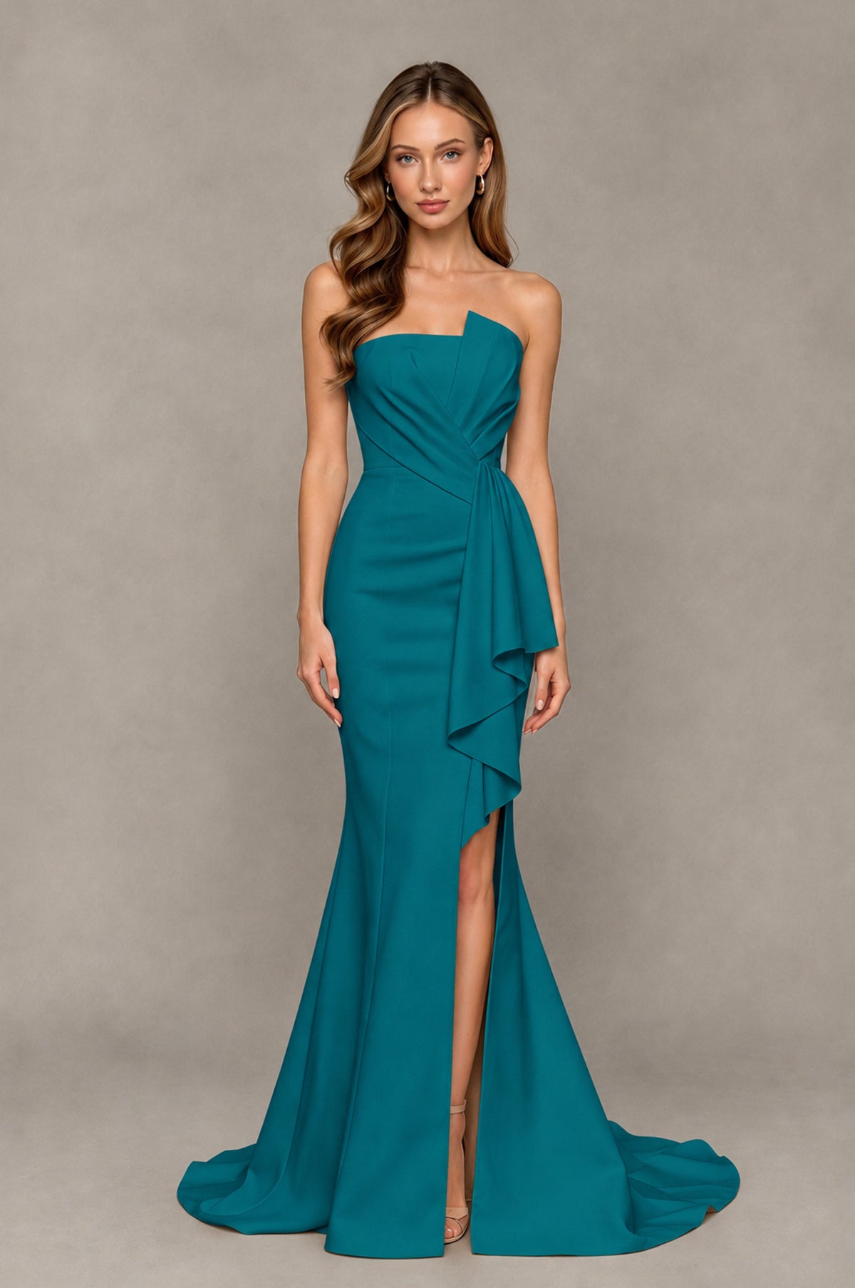 BOLODOO Teal Strapless Mermaid Evening Dress with Ruffle Slit and Train - Teal - Teal_1