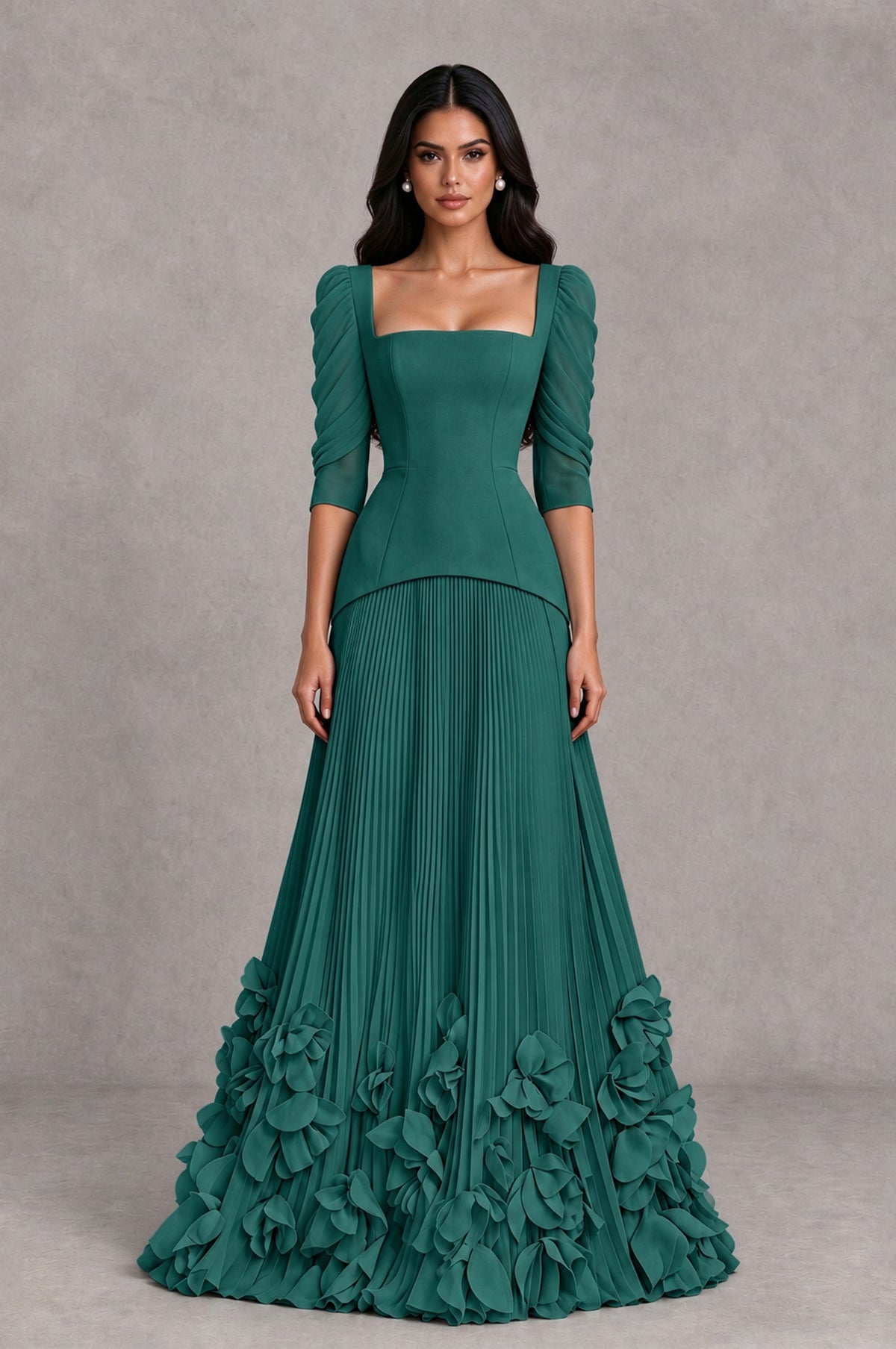 BOLODOO Teal Square Neck Pleated Floral Applique Evening Dress - Teal - Teal_1