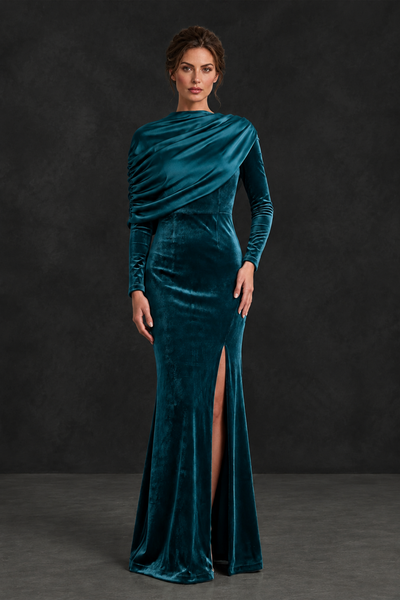 BOLODOO Teal Velvet Long Sleeve Draped Mother of the Bride Dress - Teal - Teal_1