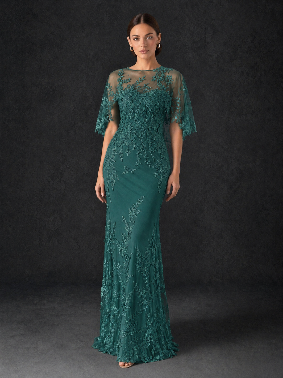 BOLODOO Mocha Teal Botanical Lace Flutter Sleeve Mermaid Gown - Teal