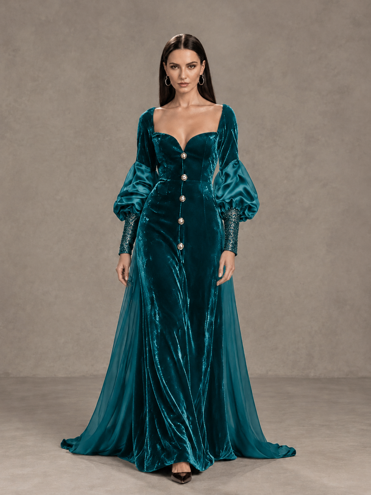 BOLODOO Teal Velvet Long Sleeve Open-Back Evening Gown - Teal - Teal_1