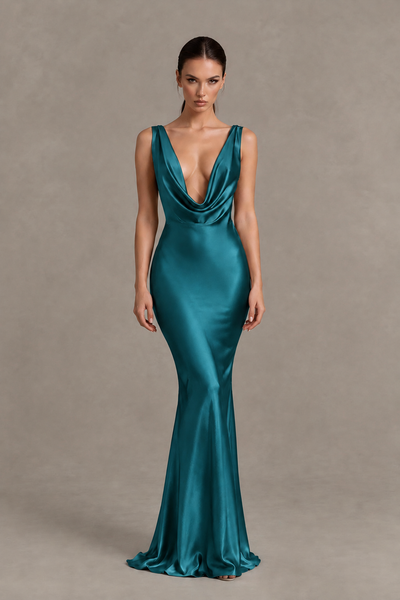 BOLODOO Teal Cowl Neck Backless Satin Mermaid Evening Dress - Teal - Teal_1