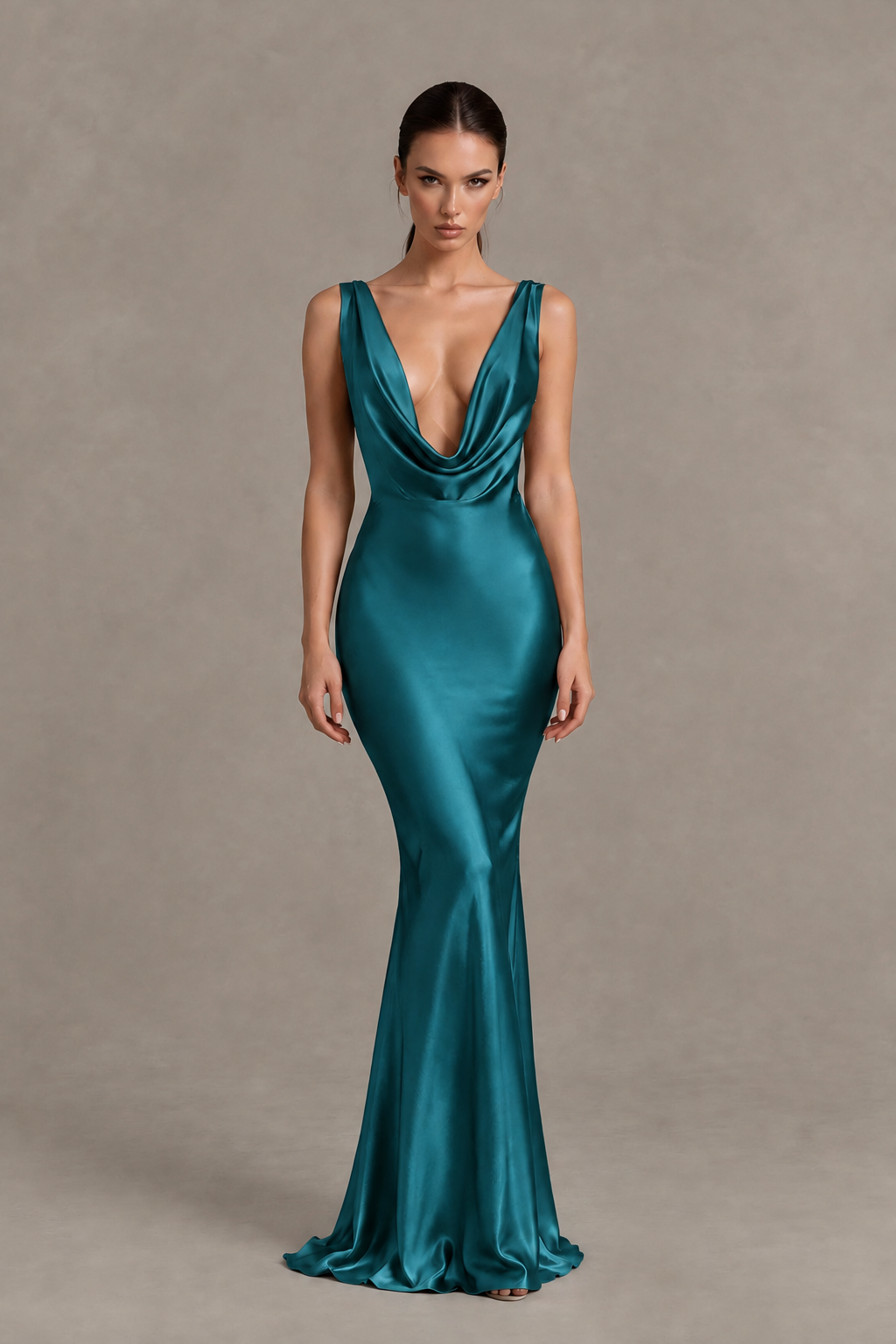 BOLODOO Teal Cowl Neck Backless Satin Mermaid Evening Dress - Teal - Teal_1