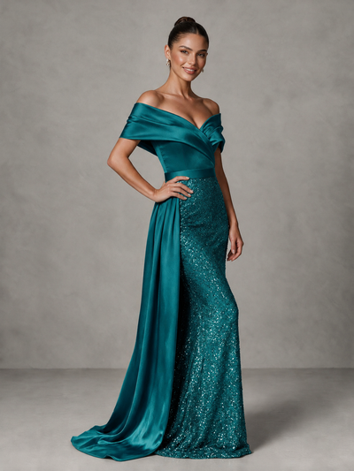 BOLODOO Teal Sequin Mermaid Evening Dress with Off-Shoulder Satin Drape and Sweep Train - Teal - Teal_1