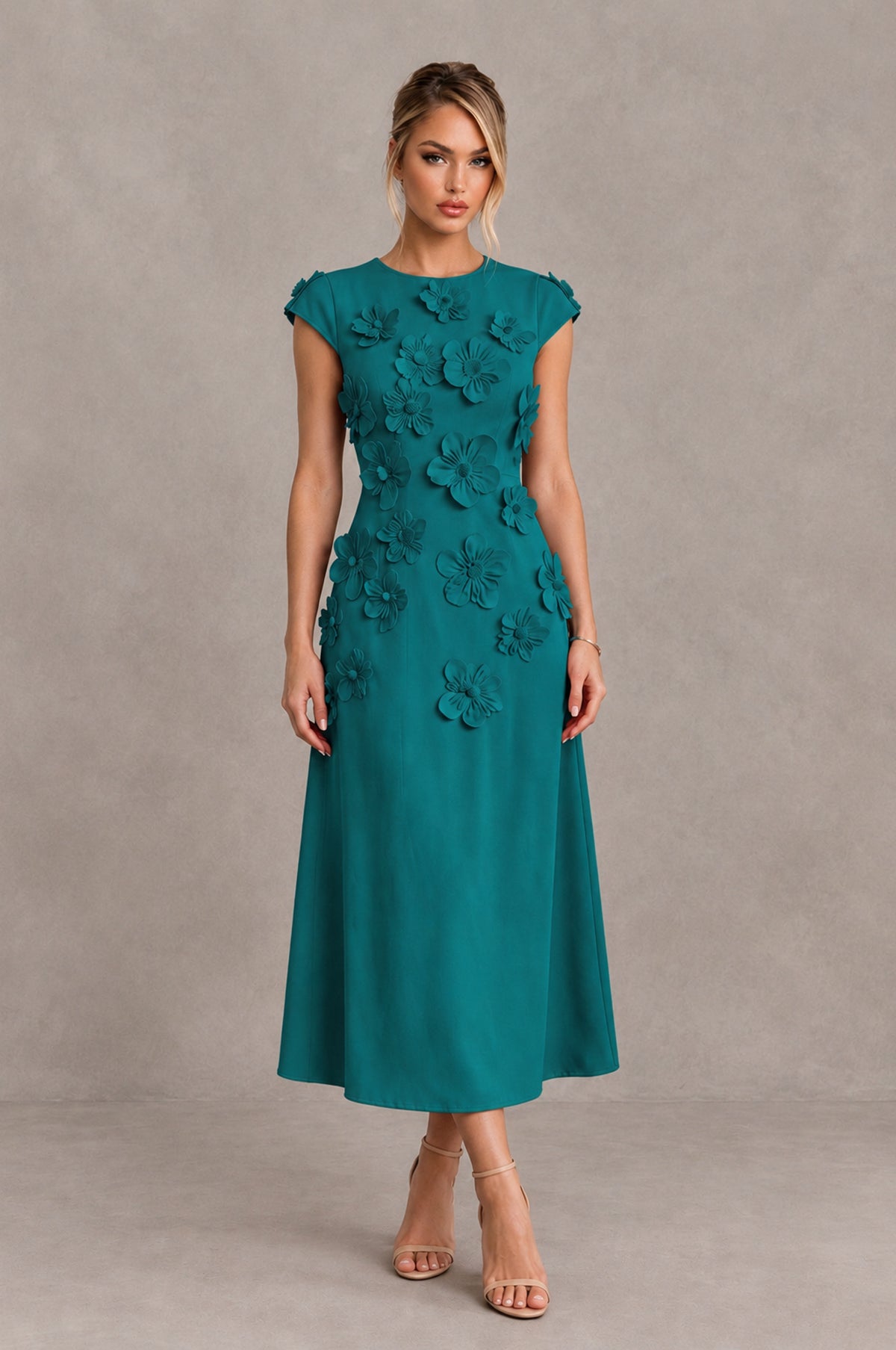 BOLODOO Teal 3D Floral Cap Sleeve Midi Cocktail Dress - Teal - Teal_1