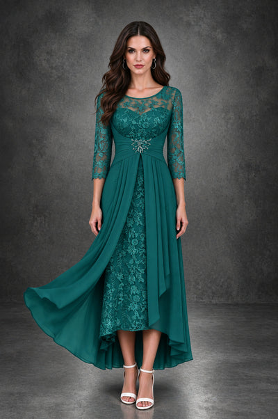 BOLODOO Teal Sequin Lace & Chiffon Tea-Length Mother of the Bride Dress with 3/4 Sleeves - Teal - Teal_1