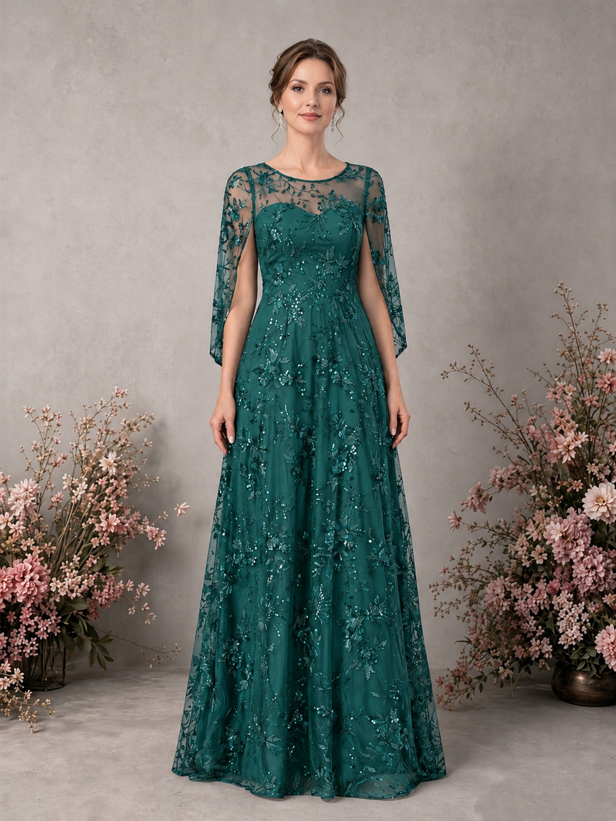 BOLODOO Teal Sequin Lace Cape Sleeve Formal Evening Gown - Teal - Teal_1