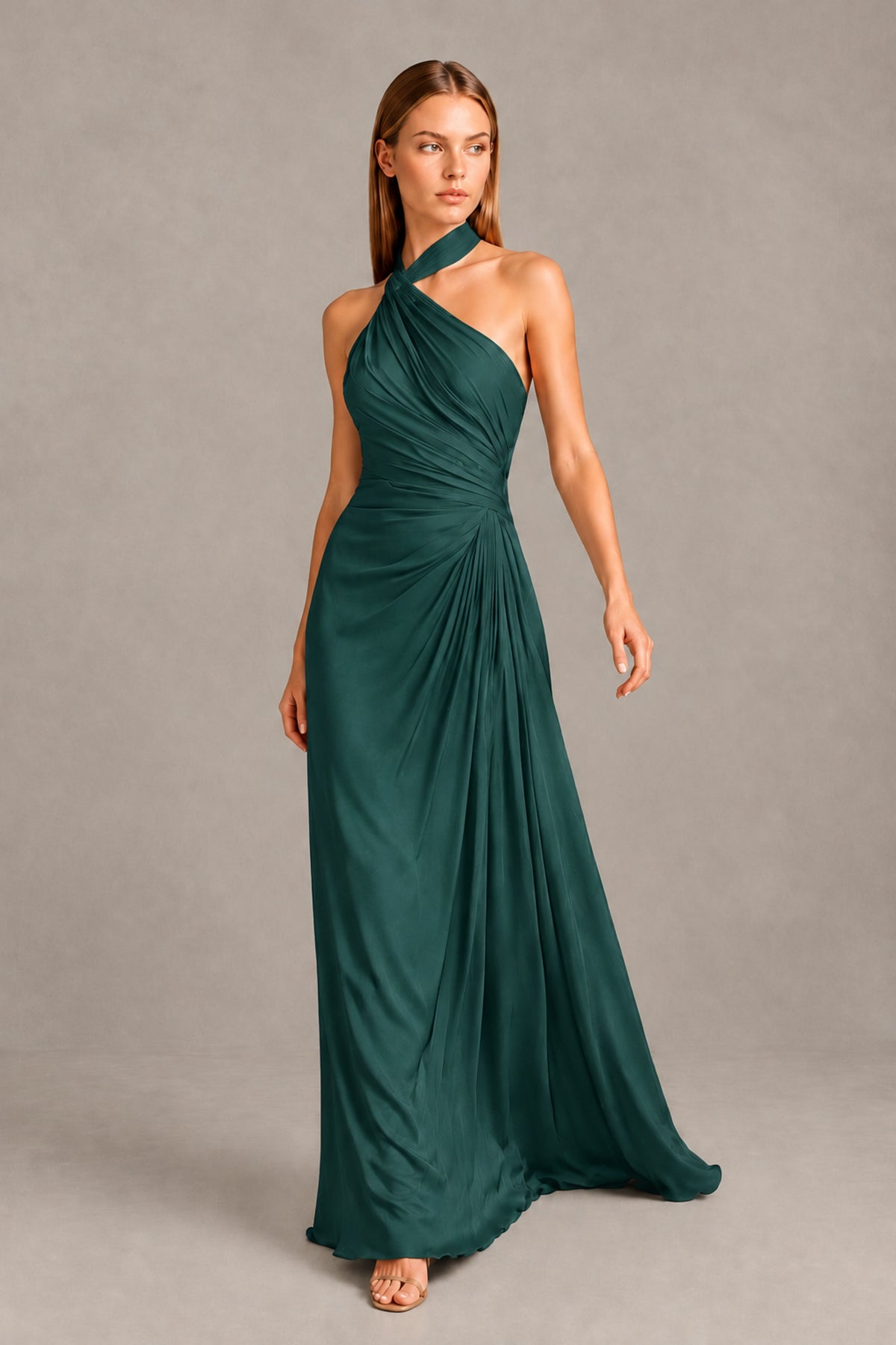 BOLODOO Teal Twisted Halter Neck Ruched Sleeveless Open Back Floor-Length Gown - Teal - Teal_1