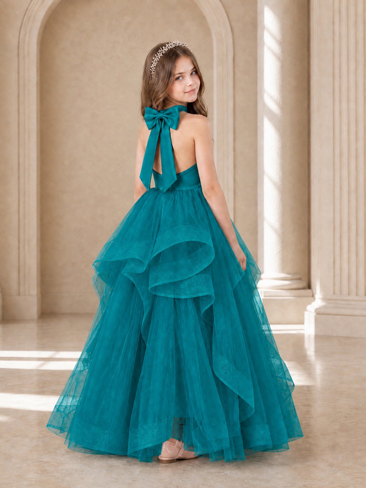 BOLODOO Teal Halter Tiered Tulle Flower Girl Dress with Bow Back - Teal - Teal_1