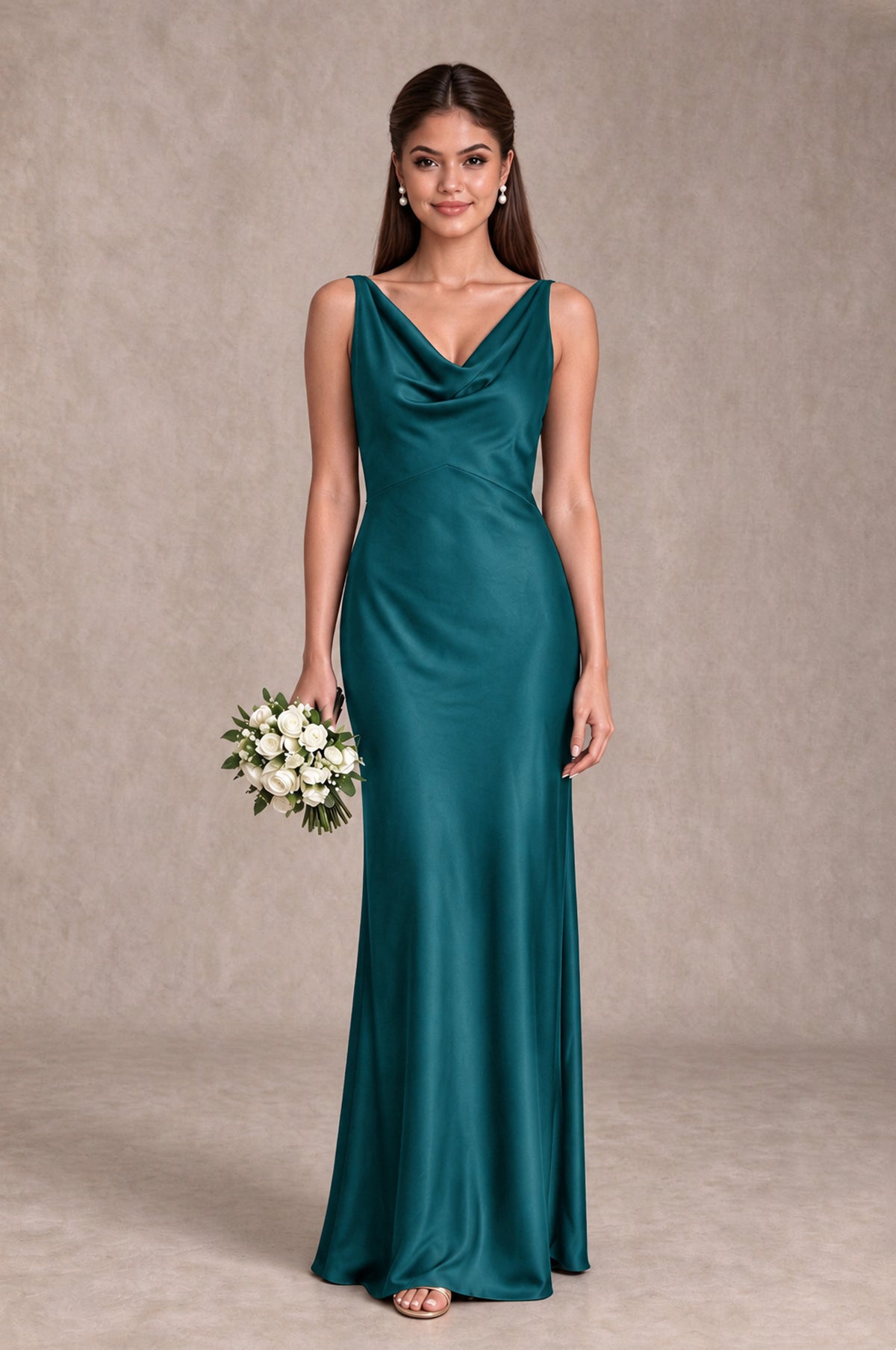 BOLODOO Teal Cowl Neck Open Back Satin Bridesmaid Dress - Teal - Teal_1