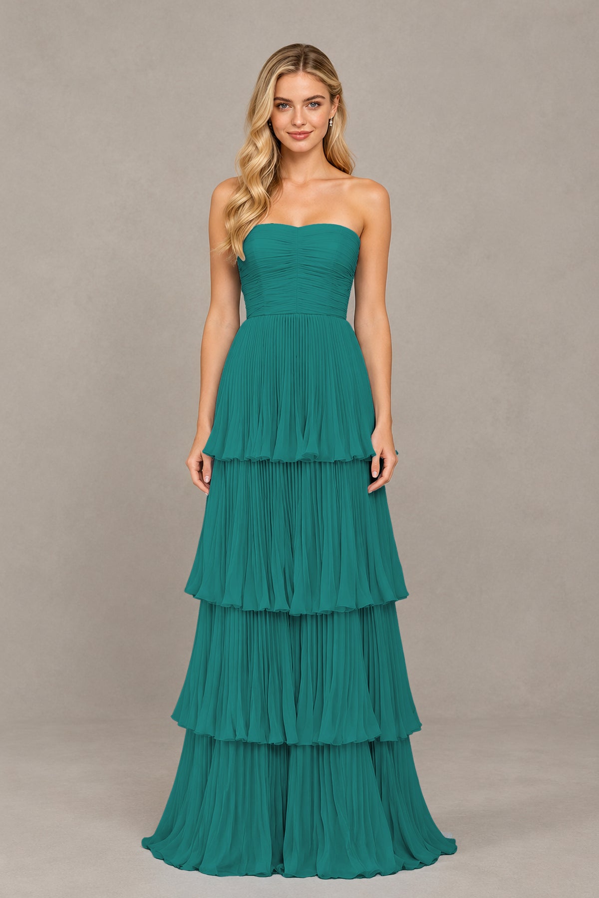 BOLODOO Teal Strapless Tiered Chiffon Maxi Dress - Teal